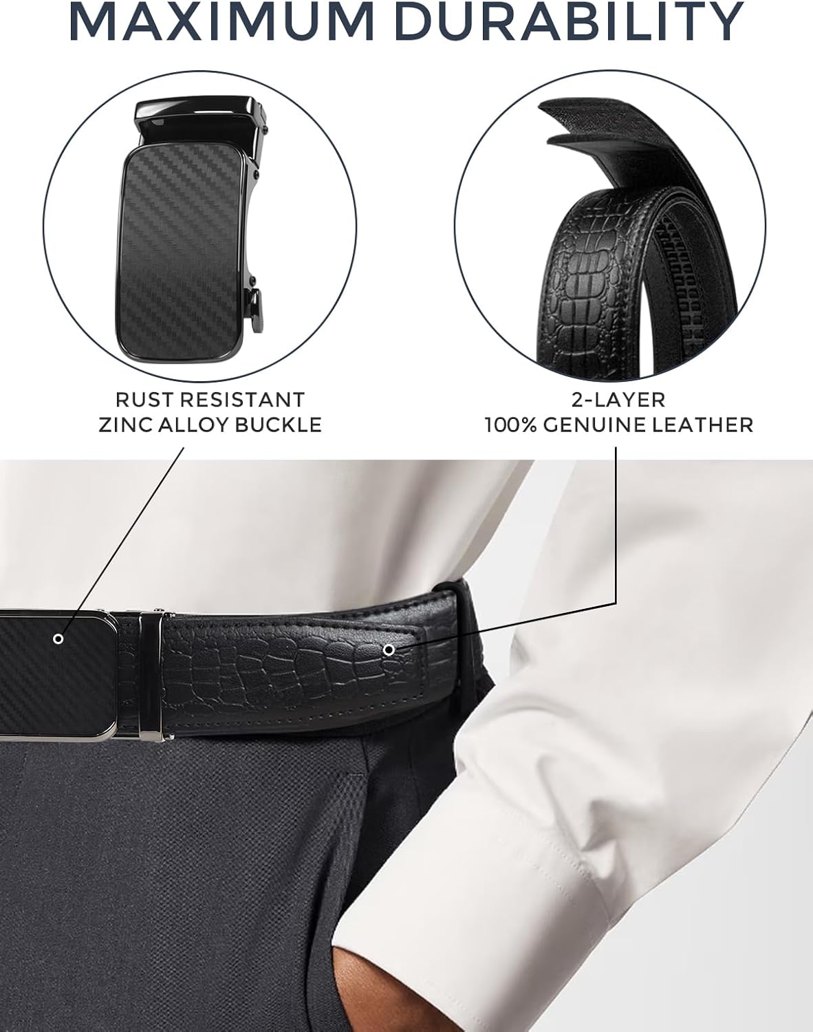 Ratchet Belts for Men, Dress Ratchet Belt Genuine Leather 1 3/8", Mens Belt with Automatic Alloy Buckle - Image 2