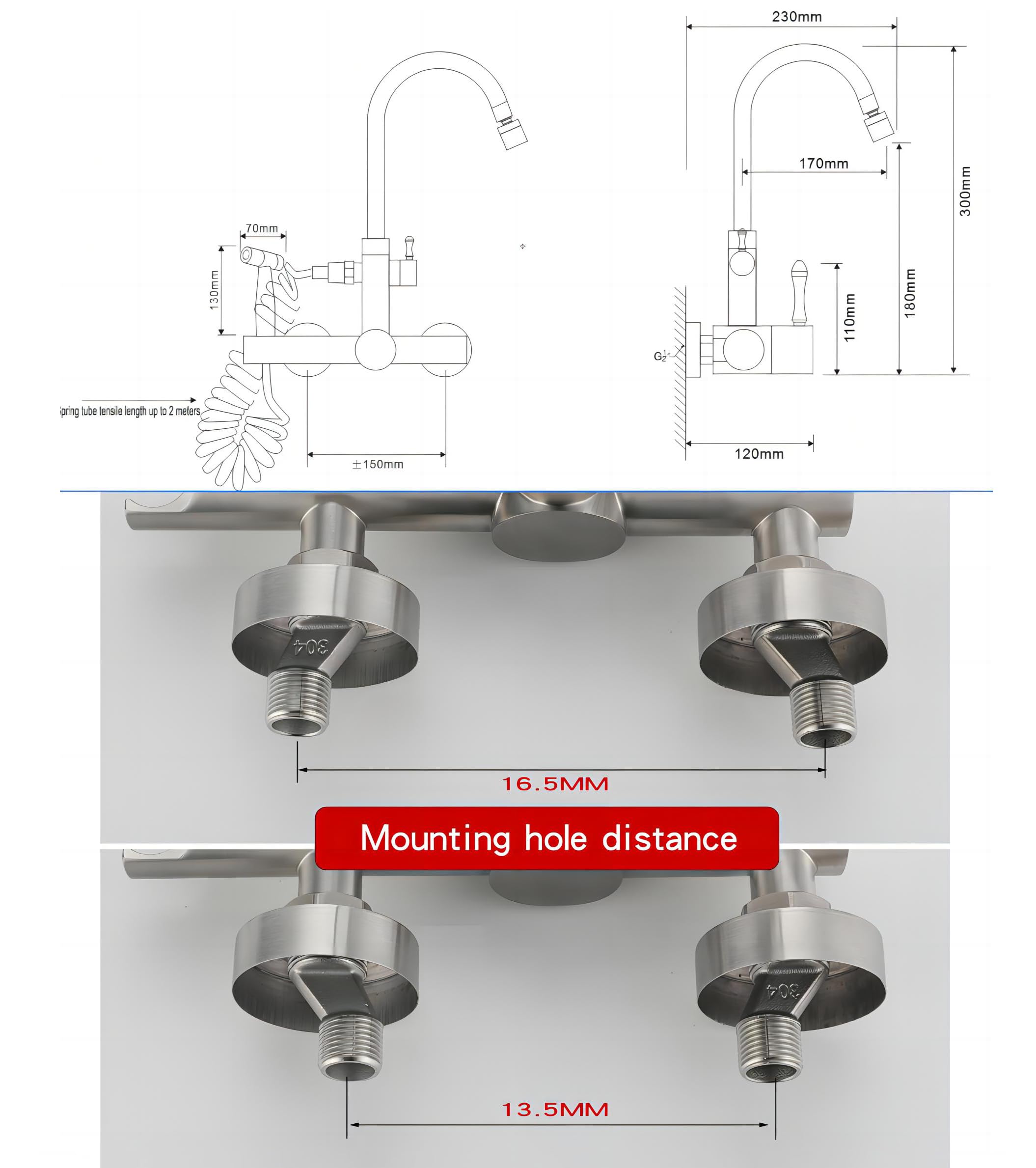 grifo cocina pared Grifo de cocina Grifo de agua fría y caliente de pared Grifo de 360 ​​° con pistola rociadora Fregadero de acero inoxidable 304 multifunción cepillado-si