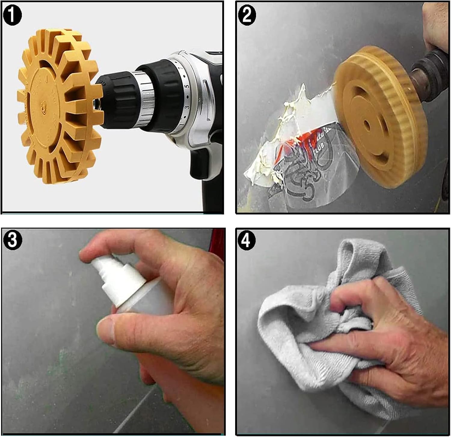 FONSWEA 12Pcs Eraser Wheel Decal Remover, 4 inch Adhesive Sticker and Vinyl Remover with Plastic Razor Blades and Drill Adapter, Rubber Wheel Removal Tool for Cars, Boats, Rvs - - 