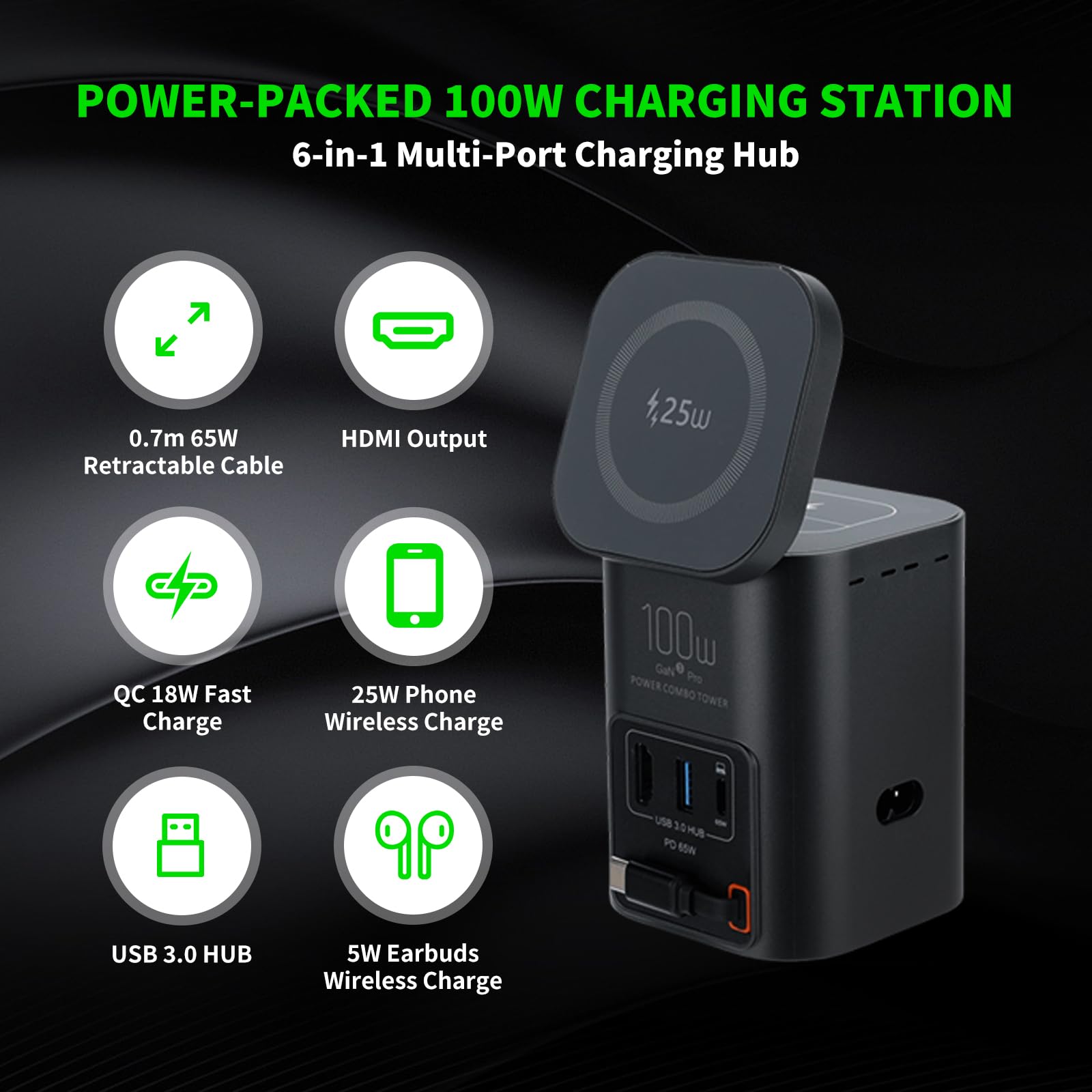 Caricatore USB C 100W da 6 in 1, Stazione di Ricarica con Caricatore Wireless Qi2.2 25W Cavo USB-C Retrattile 65W e Porta USB-C 65W e HDTV 2.1 8K e Hub USB 3.0 per iPhone 17 Samsung Galaxy Laptop ecc