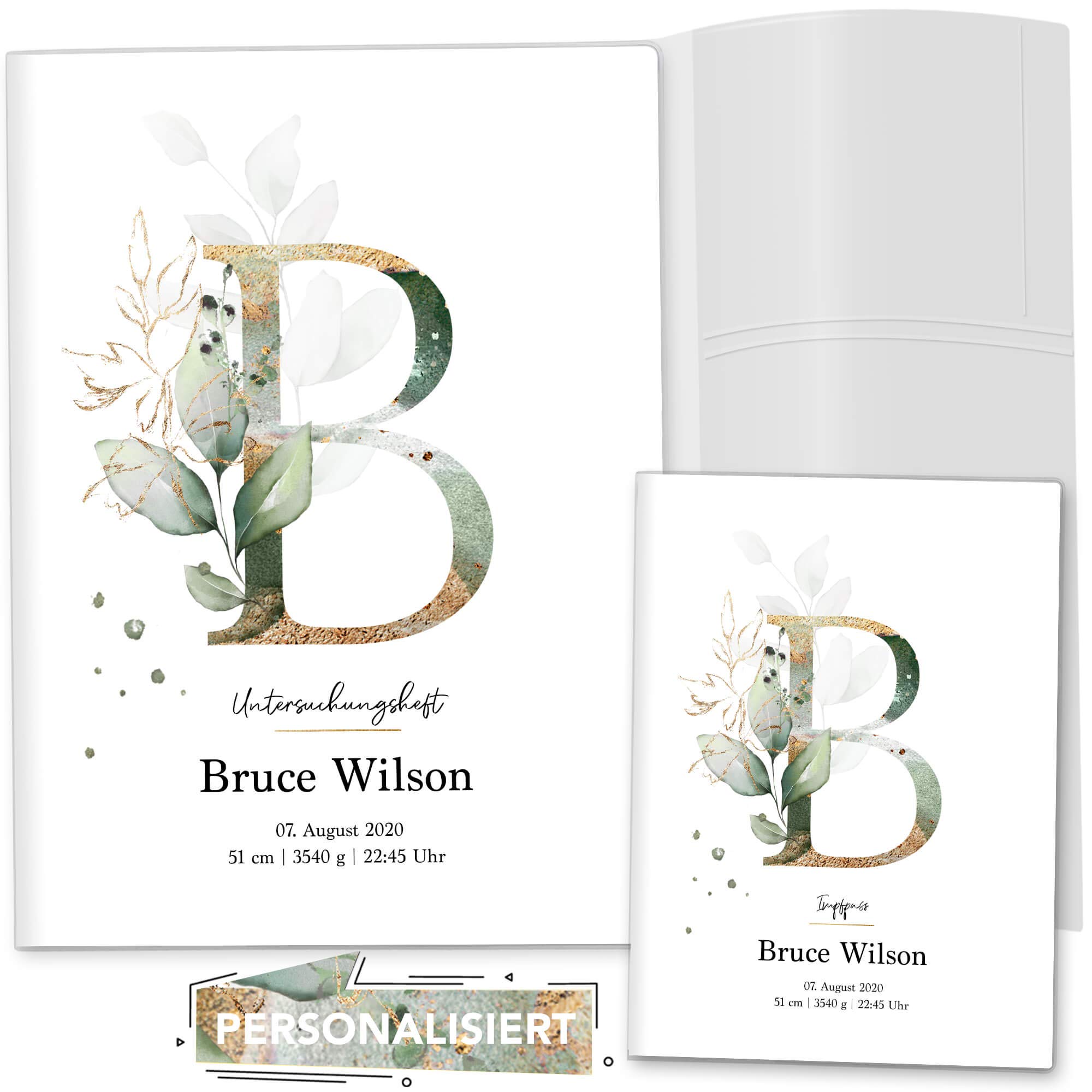 OLGS U-Heft und Impfpasshülle 3-teilig Set individualisiert Buchstabe Untersuchungsheft Hülle & Impfpasshülle Geschenkidee personalisierbar mit Namen, Geburtsdatum (Uhefthüllen, personalisiert, 17)