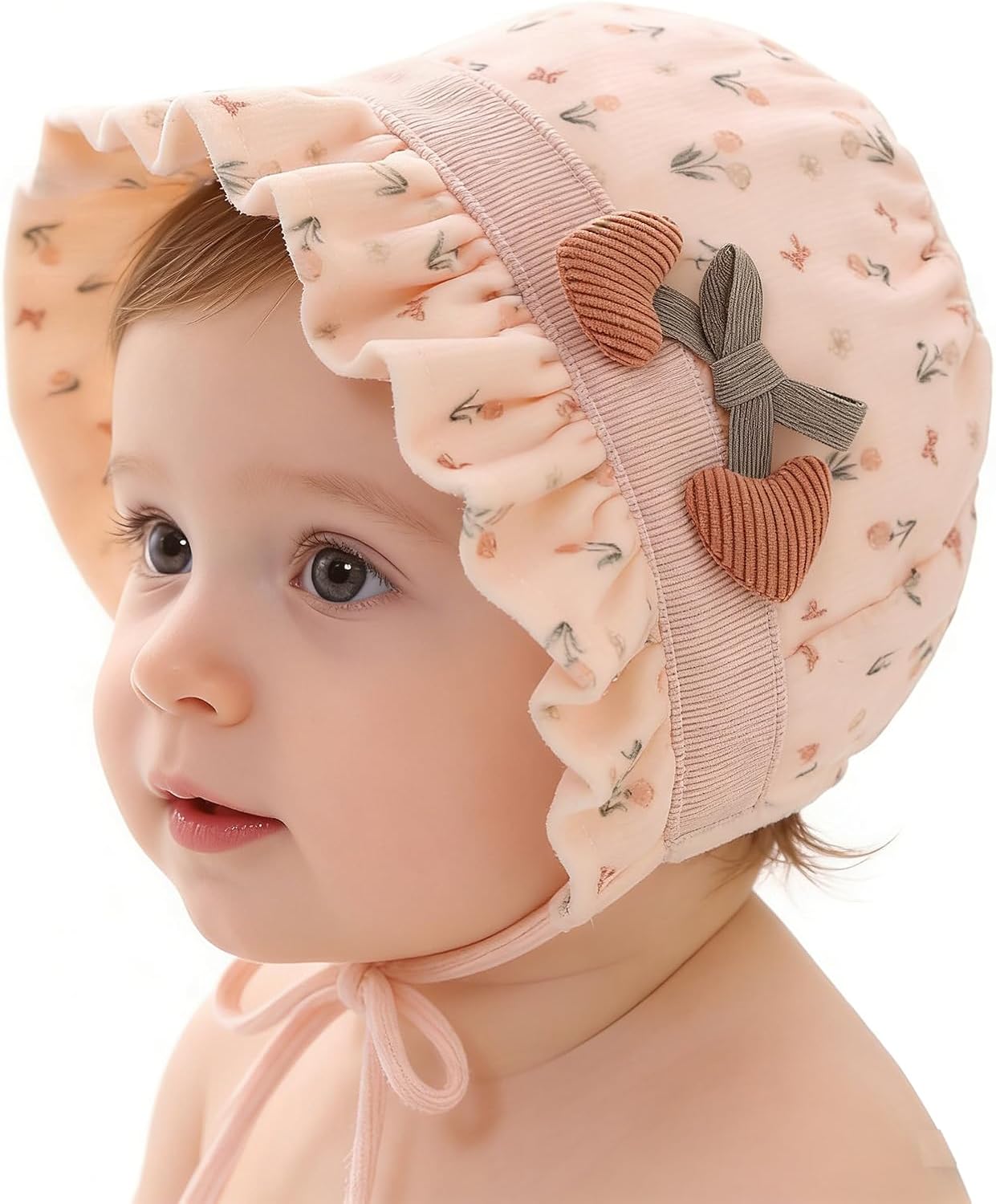 Baby Girls Bonnet Double Layer Soft Newborn Baby Girl Sun Hats with Cute Heart Bow for 3-15 Months