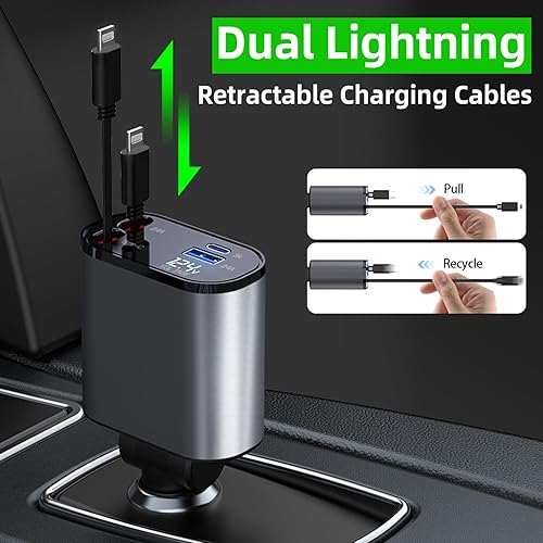 Miniatura 3 de Cargador de coche retráctil con cables de carga retráctiles dobles Lightning y 2 puertos USB, cargador rápido 4 en 1 para teléfono con pantalla de