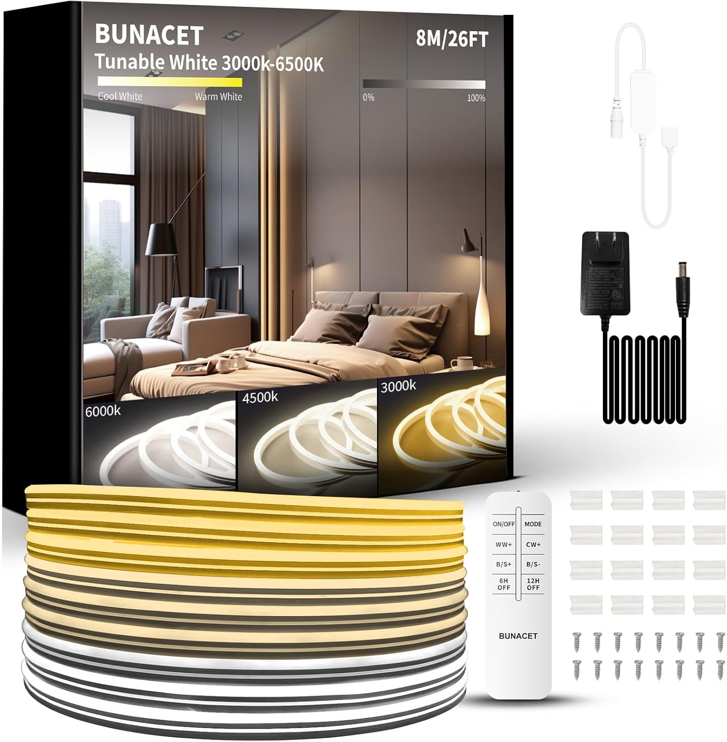 Outdoor Led Strip Lights, IP67 Waterproof Tunable Warm White Lights 3000K-6500K 26FT, RF Remote Control with 24V DC Dimmable Neon Rope Lights for Kitchen Bedroom Indoor Outdoor Decoration
