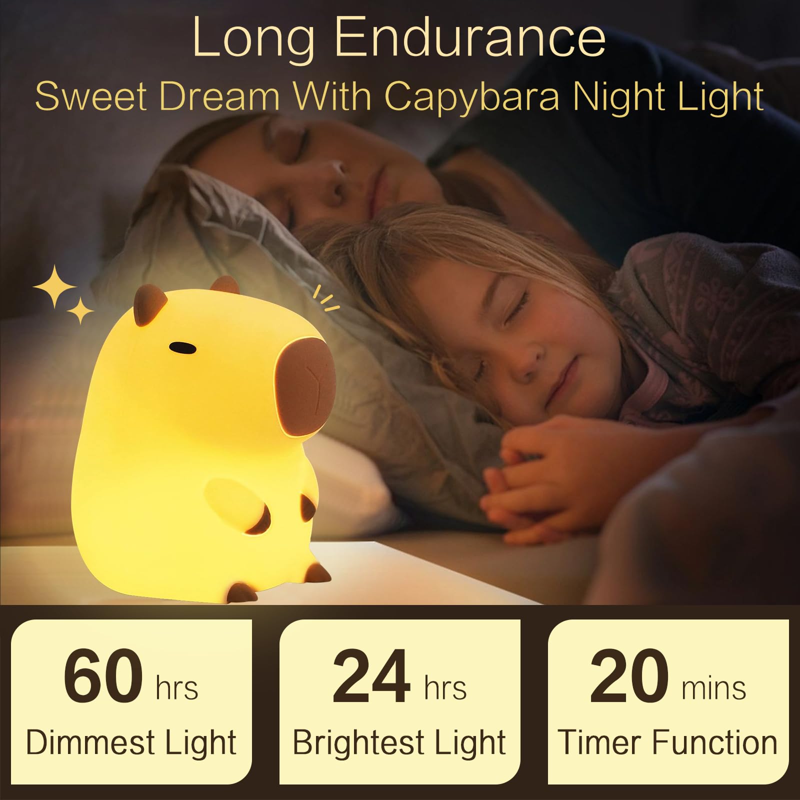 YR YRHH-PET Capybara Süßes Nachtlicht, Squishy Capybara Lampe Neuheit Geschenke Spielzeug, Wiederaufladbares dimmbares Silikon-LED-Nachtlicht für Kinder, lustiges beleuchtetes Capibara