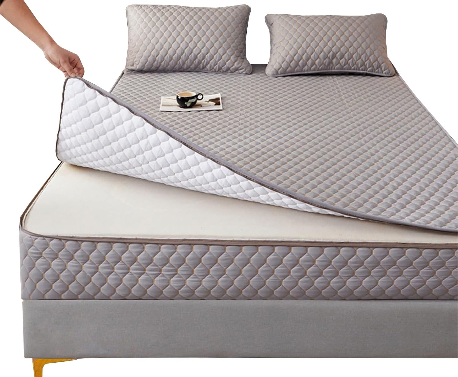 AQIGR Quilted Mattress Covers Double Bed Zipped, Microfiber Quilted Bed Sheet King/Single/Small Double Size Bed,12-35cm Extra Deep Mattress Protector Cover(Grey,150x200+30cm)