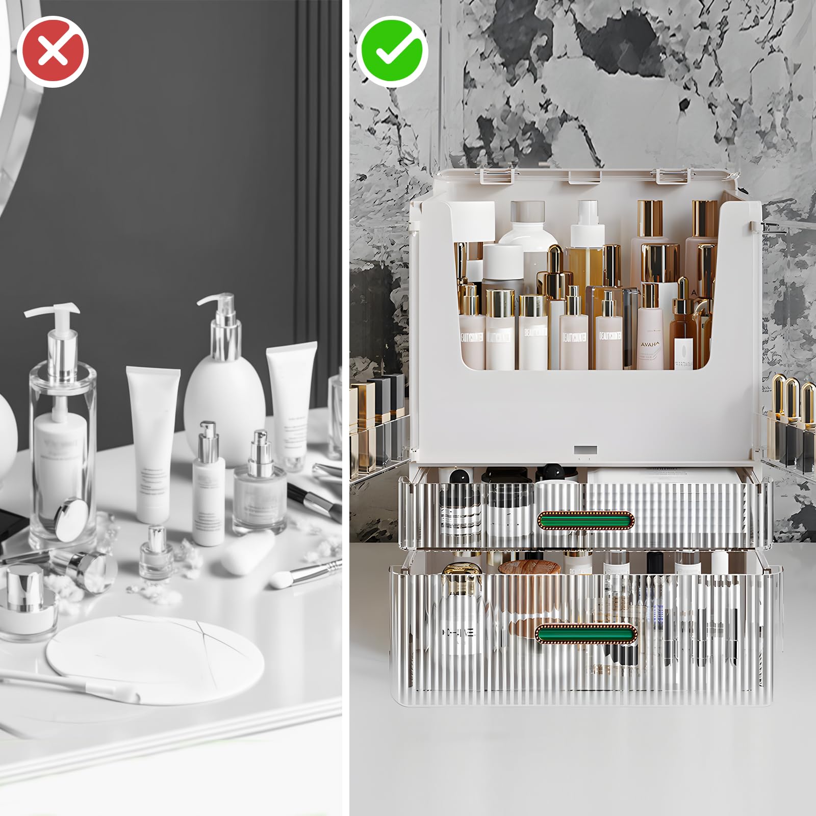 Caja Organizador de Maquillaje Grande Makeup Skincare Organizer con Cajones y Tapa Transparente Organizador Maquillaje para Baño Tocador Vanity de Maquillaje Blanco3