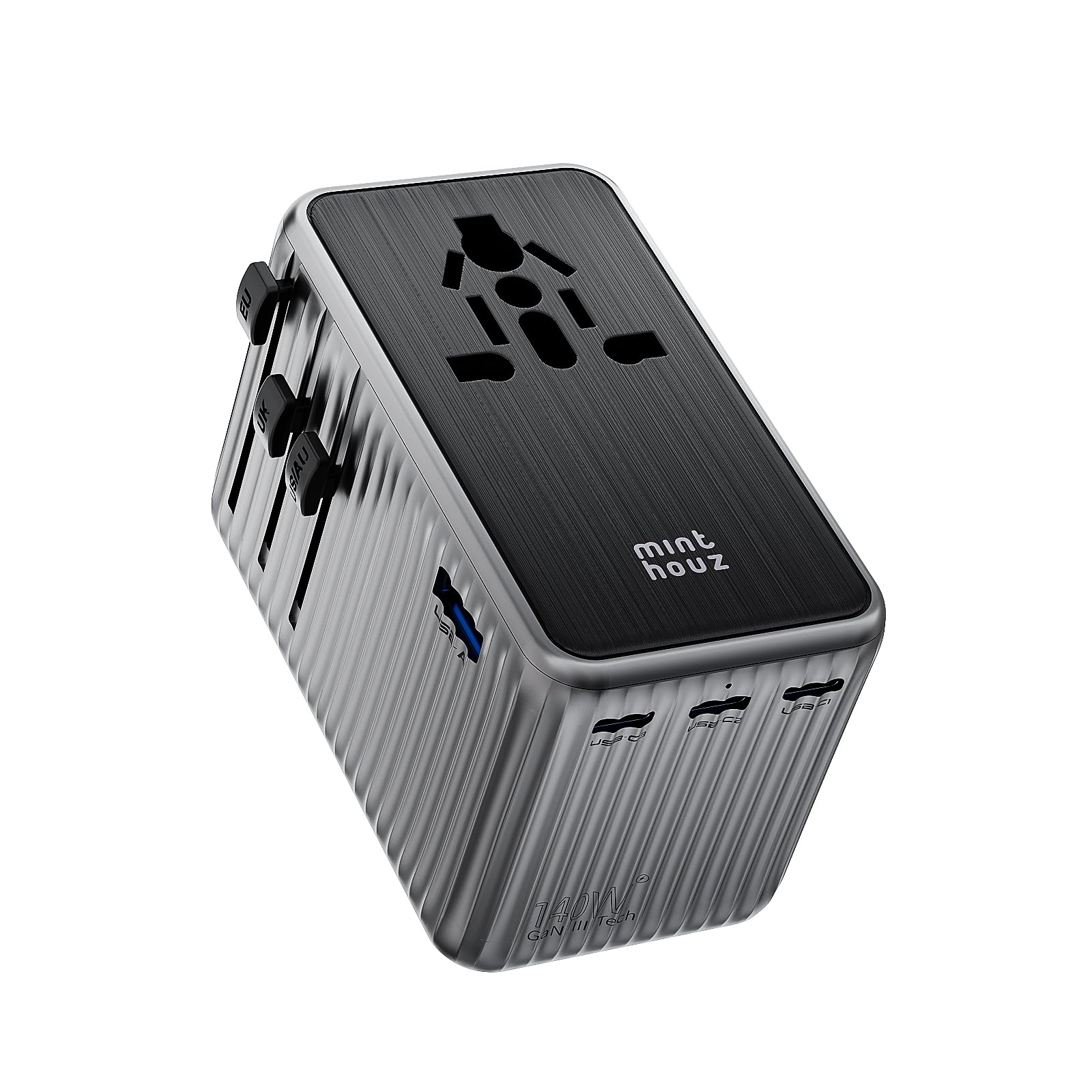 Minthouz Reiseadapter Weltweit,GaN Ⅲ PD 140W Universal Reisestecker mit 3 USB C und 1 USB A，Internationaler Steckdosenadapter,Power Adapters,Universaladapter für UK USA Japan Thailand Australien