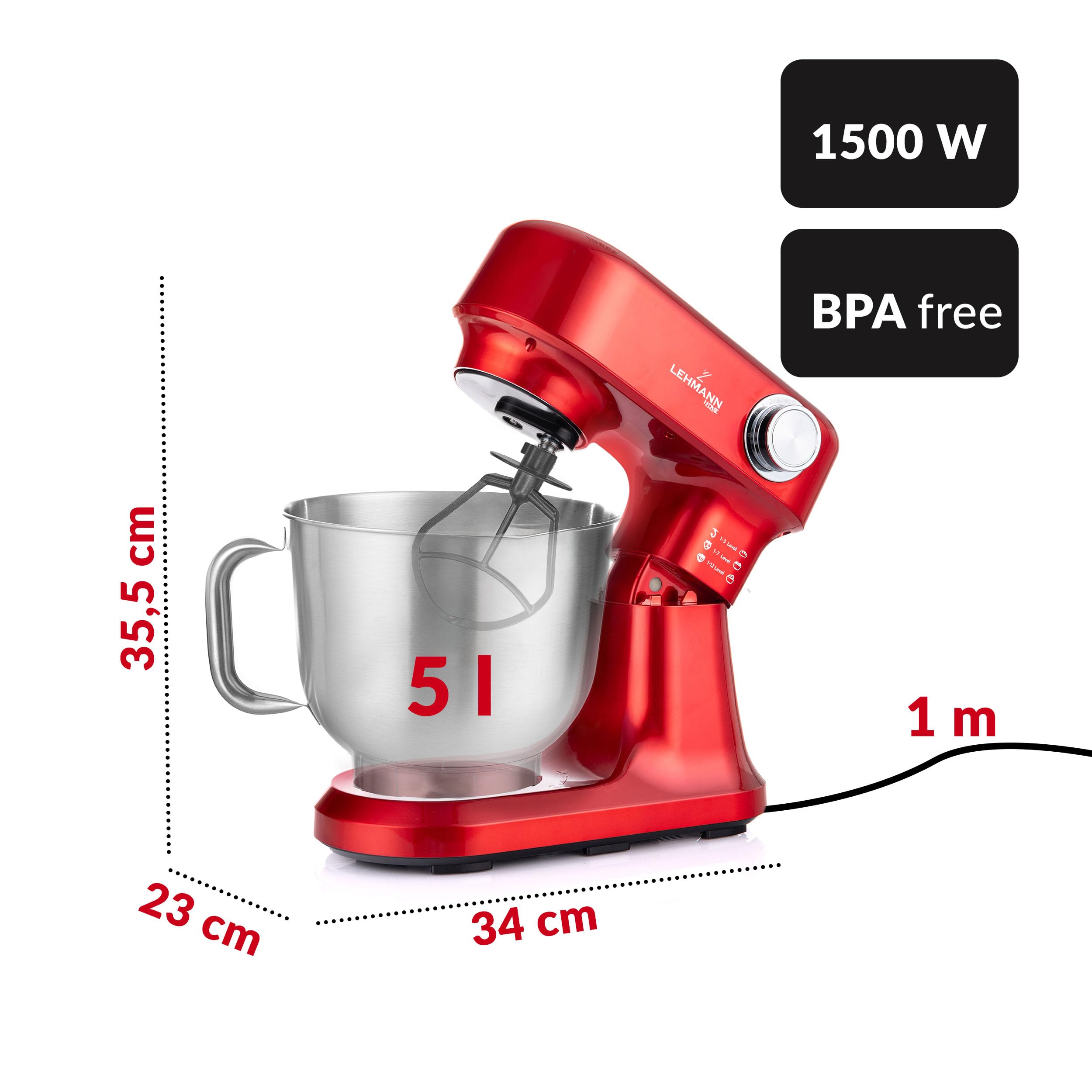 LEHMANN Küchenmaschine mit Zubehör-Set, 1500W, Rührmaschine mit 12 Geschwindigkeiten, 5L Rührschüssel, Überhitzungsschutz, Rutschfest, Knetmaschine mit 3 Rühreinsätze und Spritzschutz, Rot