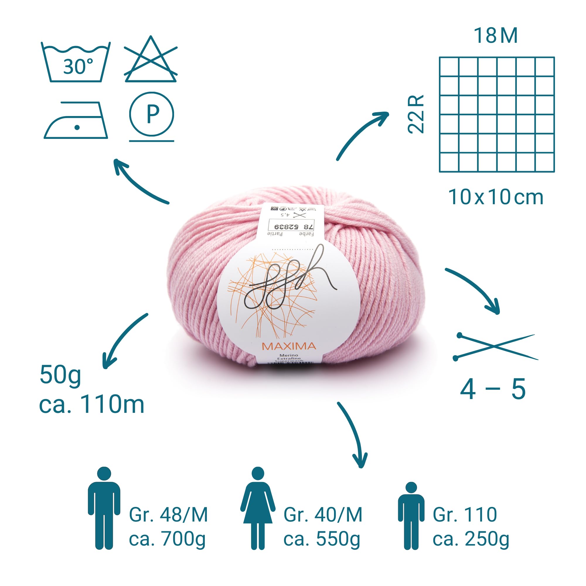 ggh Maxima Box 6 x 50 g (Totale 300 g) Lana Merino Extra fine e Lavabile in Lavatrice Spessore Ferri 4 5 Colori 078 Rosa Cipria