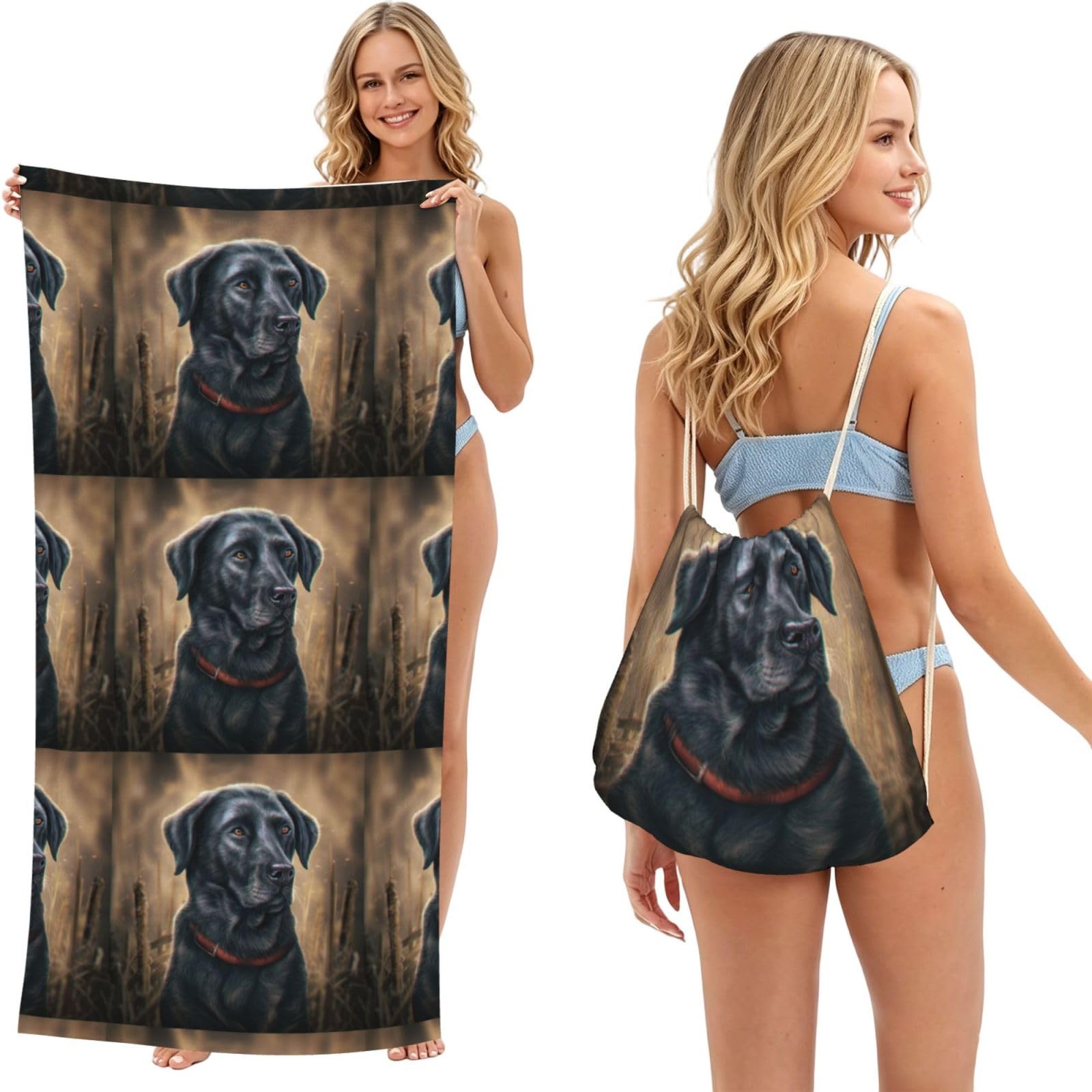 Poadnly As Picture Black Labrador, 2 In 1 Packable Towel Bag, Beach Towels With Drawstring Backpack For Travel Holiday Camping