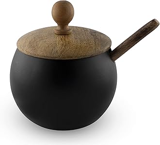 GoCraftSugar Bowl with Wooden Lid and Spoon for Home and Kitchen, Drum Shape (Matte Black Finish)