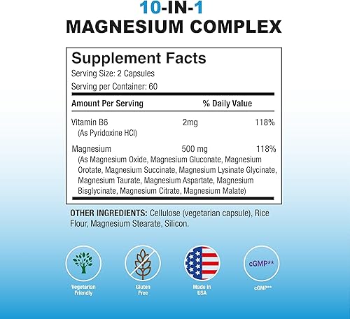 Miniatura 2 de Puregen Labs Complejo de magnesio 10 en 1 de 500 mg con cápsulas vegetales B6-120 alta absorción y bioactividad Sin OMG, sin gluten ni lácteos,