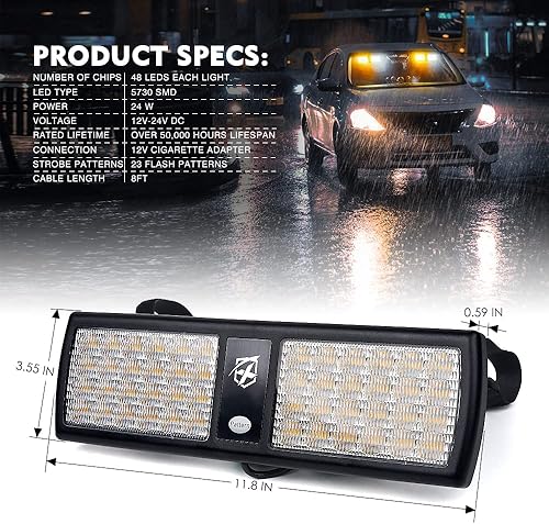 Miniatura 7 de Xprite Luces estroboscópicas de visera 2 en 1, color blanco y ámbar, luces de advertencia de emergencia para parabrisas interior para policía,