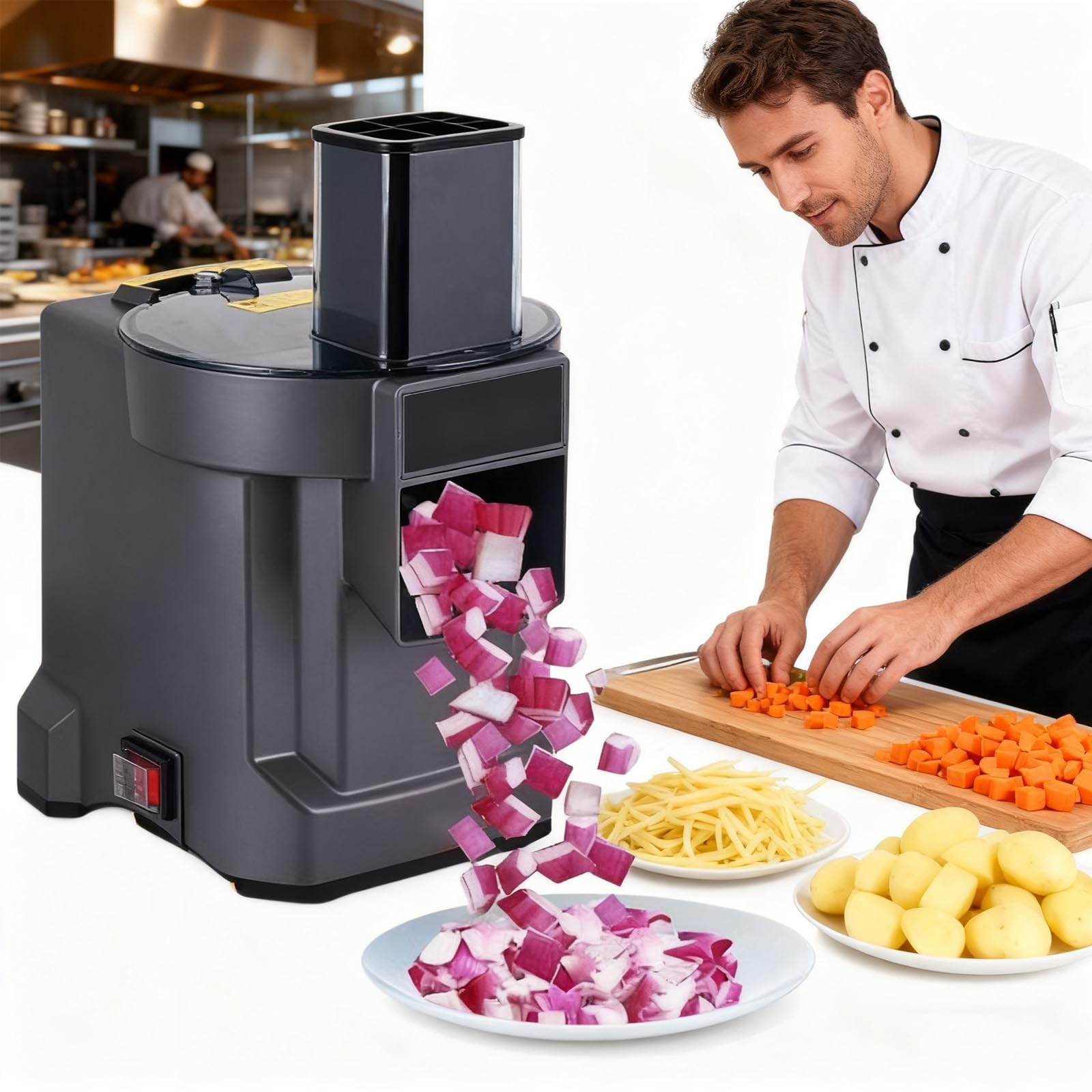 Tagliaverdure Automatica 100w | (Taglia A Cubetti/Affetta/Tritura) | Affettatrice Elettrica Per Frutta E Verdura,Macchina Tagliare Cubetti E Triturare,Robot Cucina-Calibro Grande: 76*60mm A