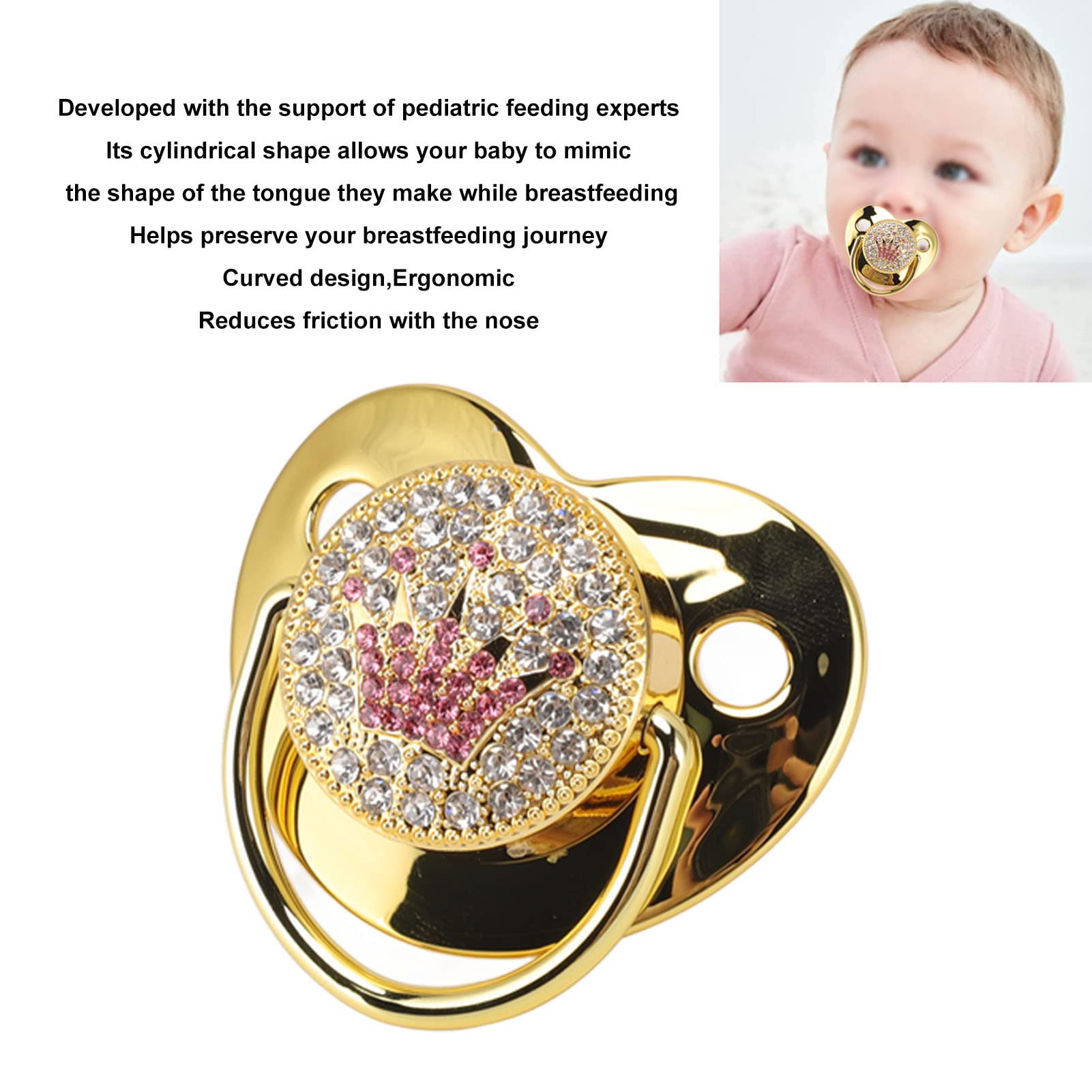 Baby Pacifier Symmetrical One Piece Design Nipple Shape Helps Promote Oral Development Ultra Light Soft Bling Silicone Newborn Pacifier for 6 to 18 Months Infant (Gold)