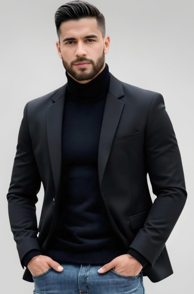 Men Cotton Blend Solid Single Breasted Blazer with Notched Lapel, | Stylish Full Sleeves, Button Closure, Regular Fit Formal Blazer for Mens (Black)