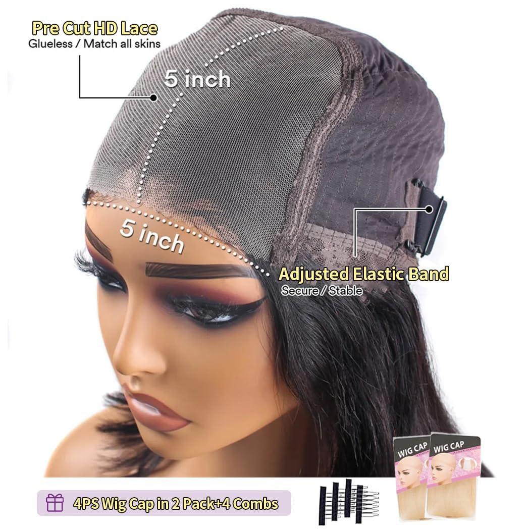 5x5 Hd Lace Closure Wigs Human Hair Pre Cut Lace Glueless Wig Wear and Go Wigs Human Hair Pre Plucked 180 Density Body Wave Lace Front Wigs Human Hair Glueless for Women Natural Hairline