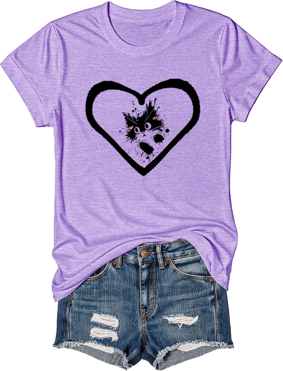 Women's Cute Cat & Heart Graphic T-Shirt-Soft Cotton Blend Fabric,Summer Casual Loose Fit Tee for Daily Wear& More