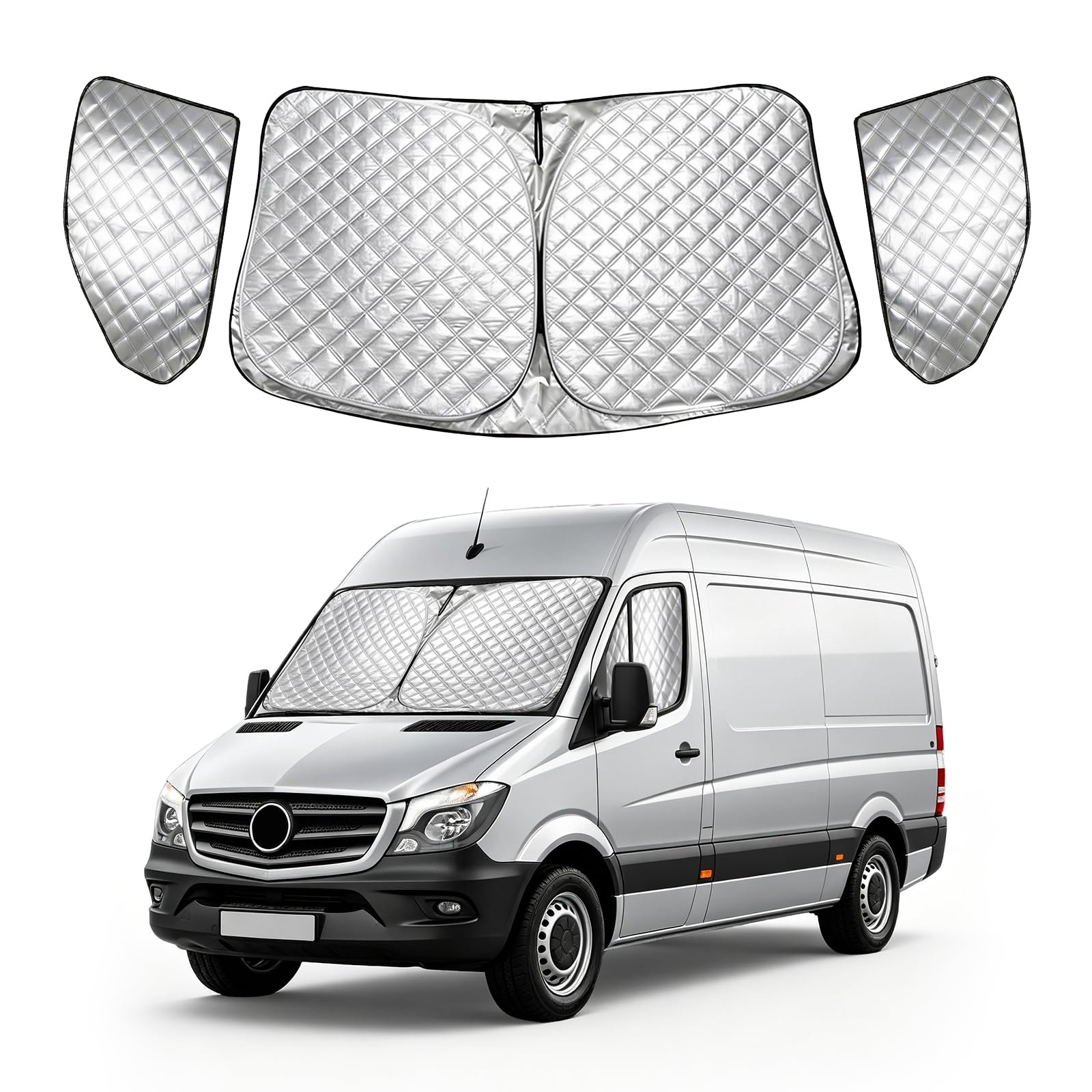 Tappetino termico interno per Mercedes Sprinter 2006 – 2018, 3 pezzi, protezione solare per parabrezza, parasole pieghevole anteriore isolato e parasole magnetico per finestrini laterali