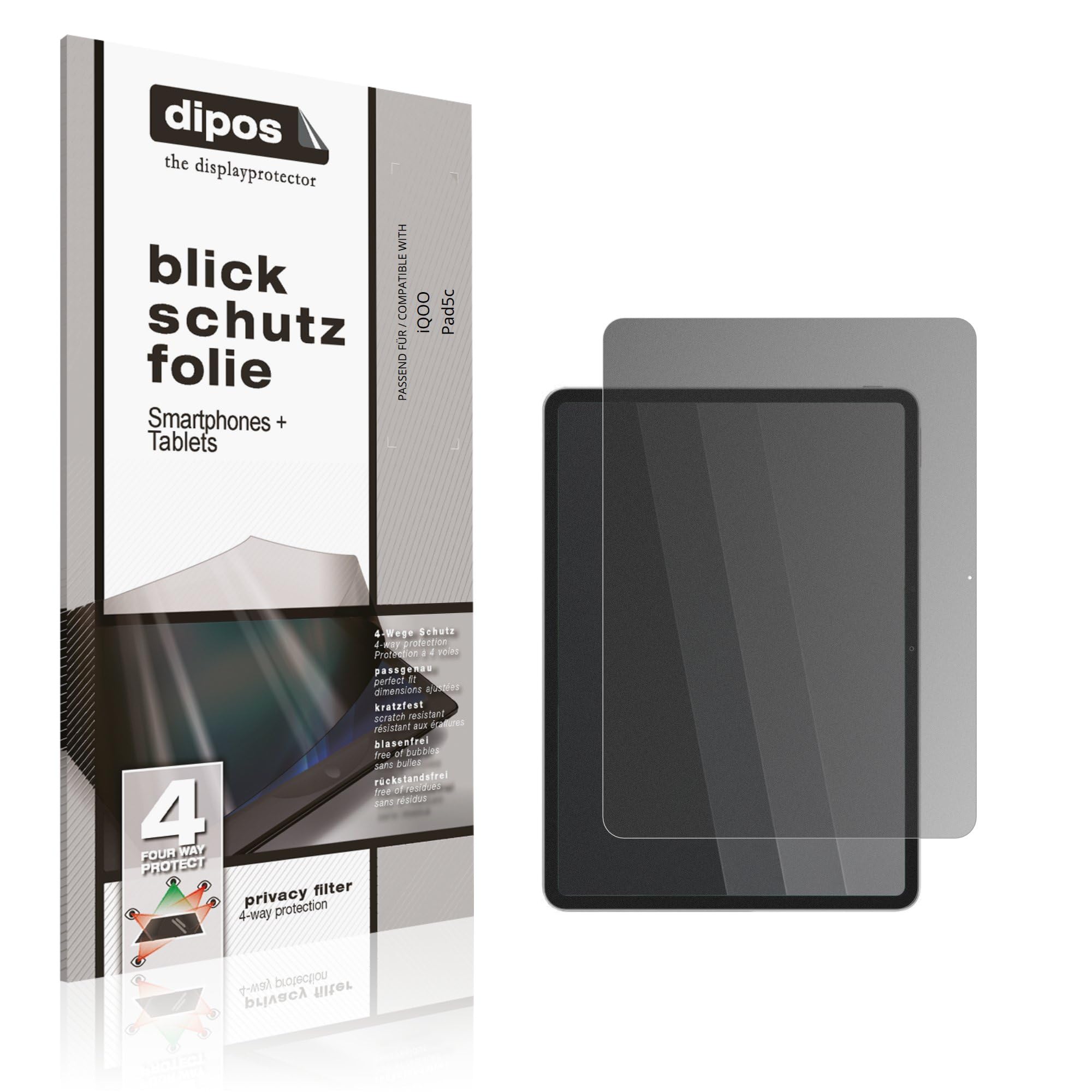 dipos Protector de Pantalla Antiespía para iQOO Pad5c | Película protectora mate, filtro de privacidad 4 vías, ajuste perfecto, antiarañazos, sin burbujas, autoadhesivo