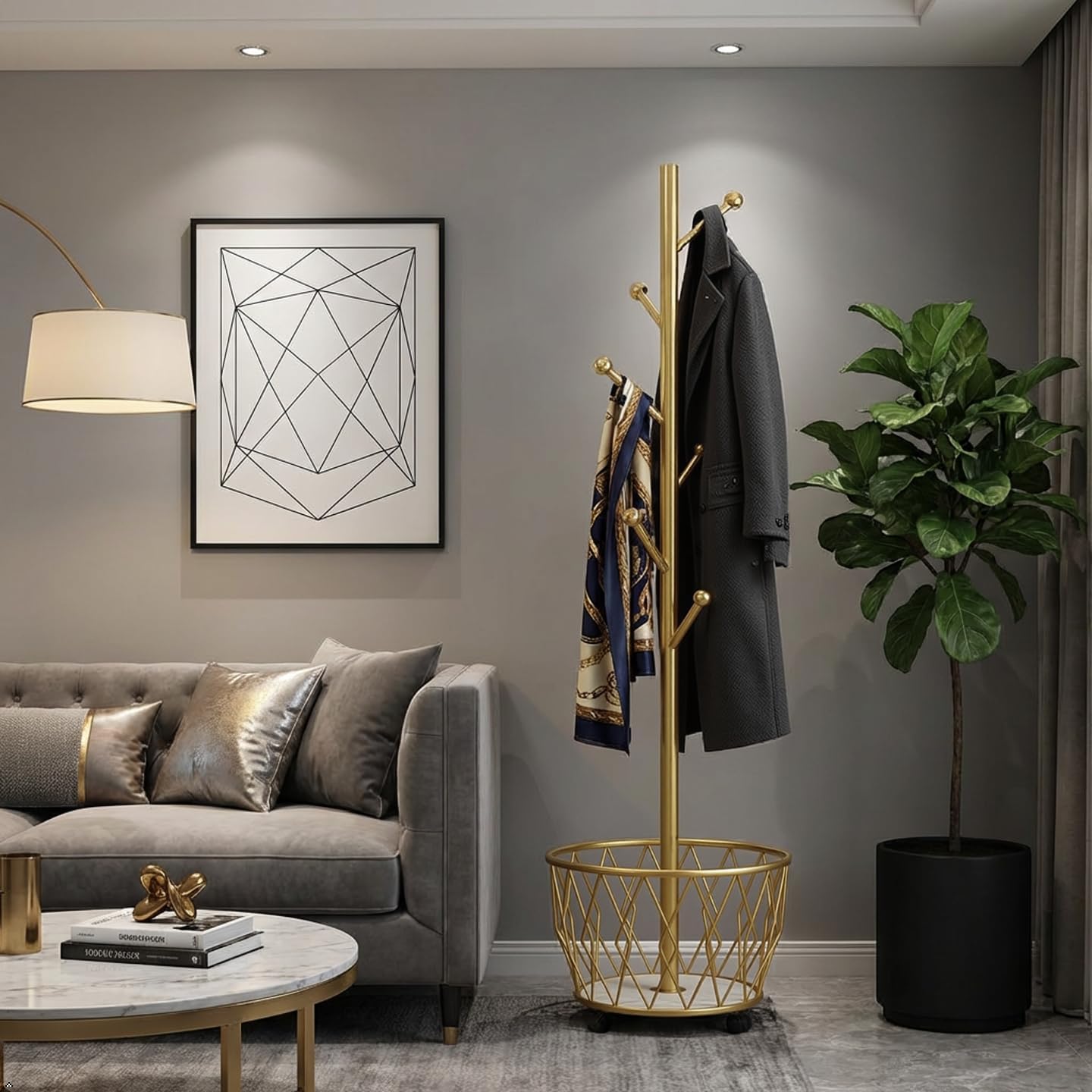 Gold Moveable Tree Metal Coat Rack with Basket Freestanding 65" | Organizer for Scarf Jacket Hat Bags Ideal for Home Entryway Bedroom Corner Stable