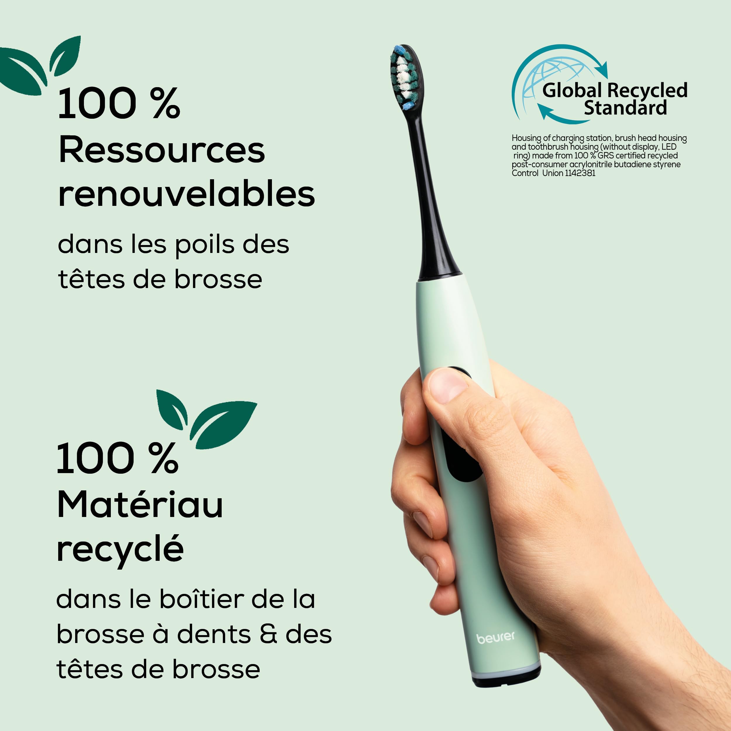 Beurer SC 50 Brosse à dents électrique sonique avec 5 modes de brossage et capteur de pression, 80 000 oscillations, écran avec indicateur de temps de brossage, 2 brossettes, boîtier 100% recyclé