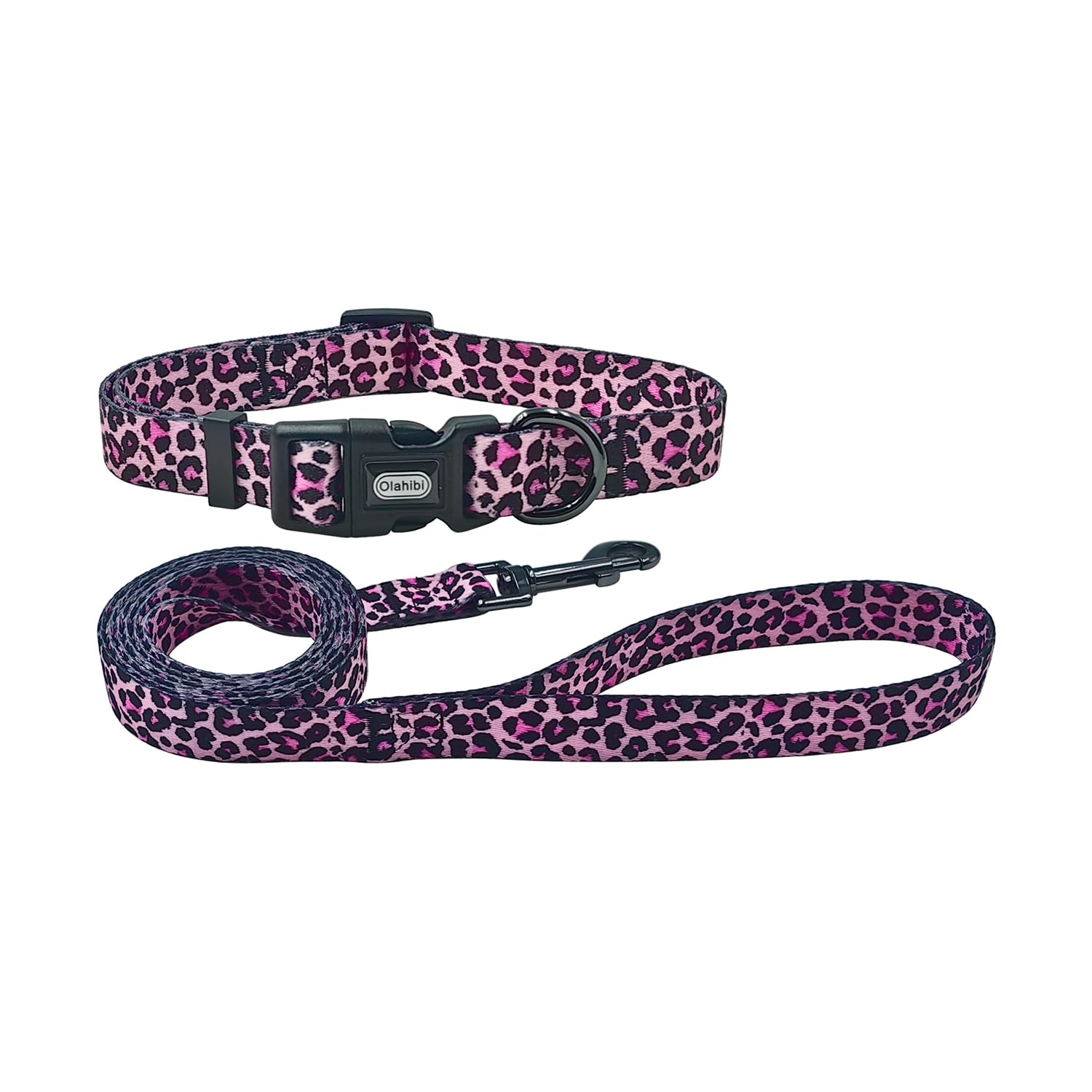 Olahibi Dog Collar Leash Set, Leopard Pattern, Polyester Material, Adjustable Collar and 5ft Matching Leash, for Large Dogs.(L, Colorful Leopard)