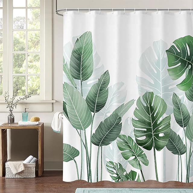 OCEUMACO Shower Curtain Tropical Green Leaves Bathroom Wet Room Extra Long Jungle Leaf White Garden Bath Curtains Anti Mould Proof Mildew Resistant Washable 180 x 200 Waterproof with Hooks