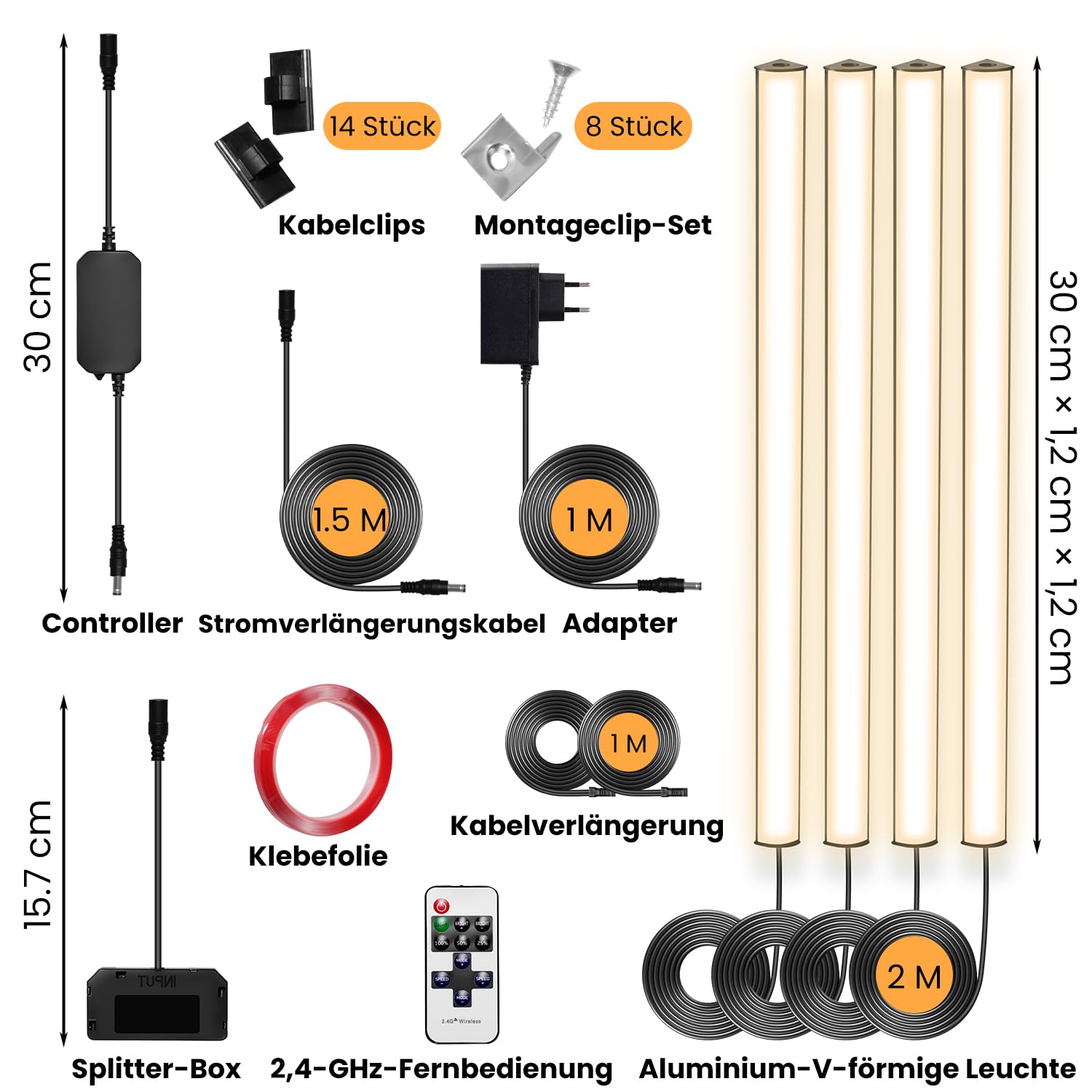 Vitrinenbeleuchtung LED Regalbeleuchtung, Schrankbeleuchtung mit Alexa, V-Form LED-Beleuchtungsset WiFi Dimmbar 2700K, App & Fernbedienung, Speicherfunktion (4 * 30cm)