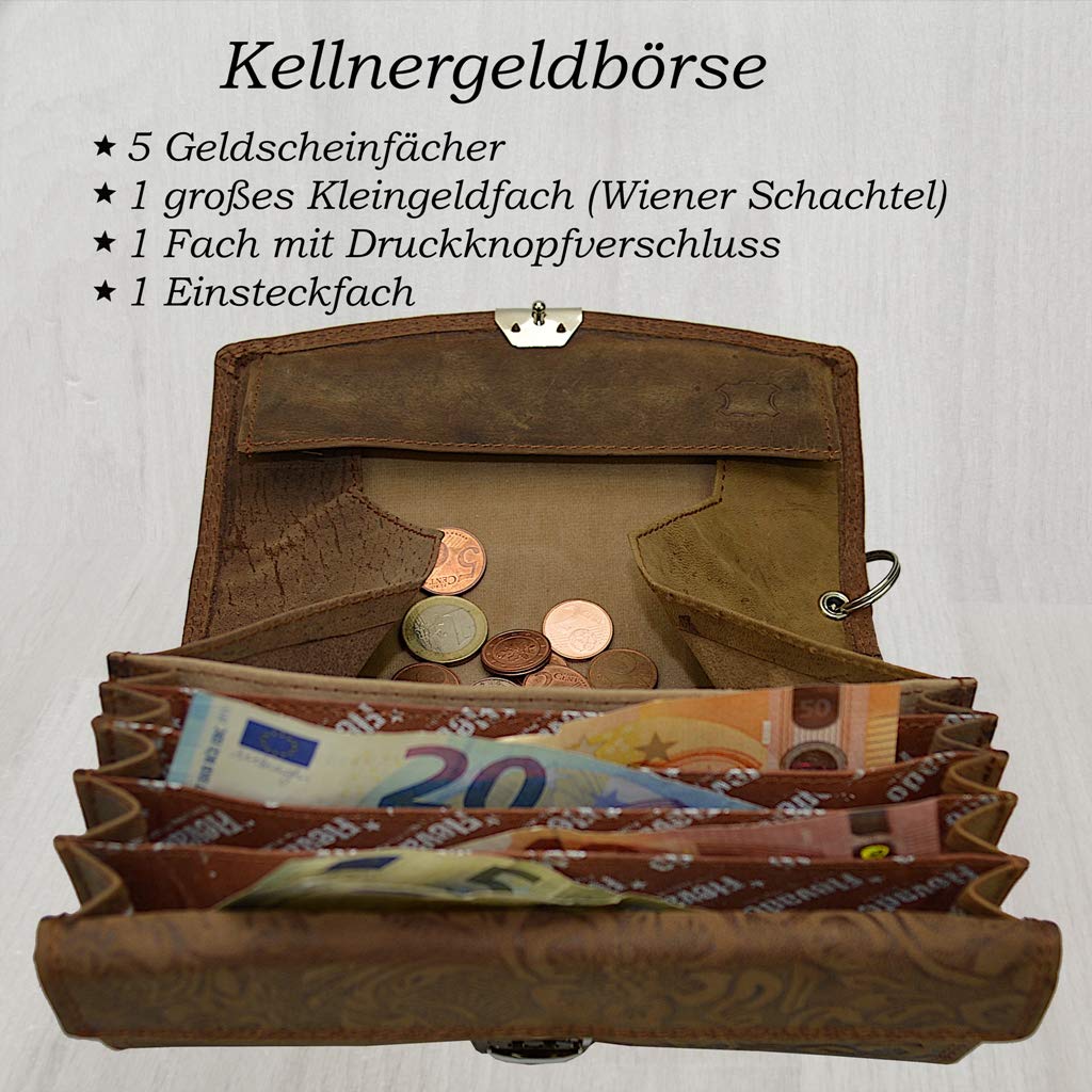 flevado Gastronomie Kellner Set Wild Leder mit Lilianen Muster im Set oder einzeln in braun (Set: Börse+Tasche)