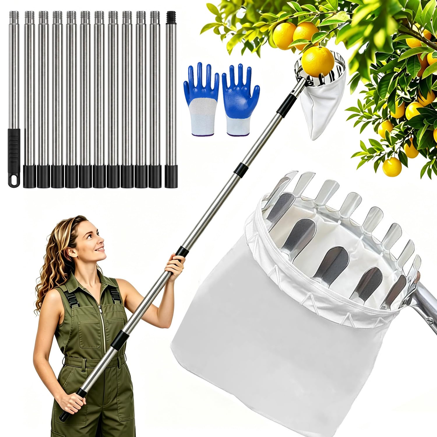 4M/13FT Fruit Picker with Fabric Bag, Fruit Grabber Extendable Fruit Tool