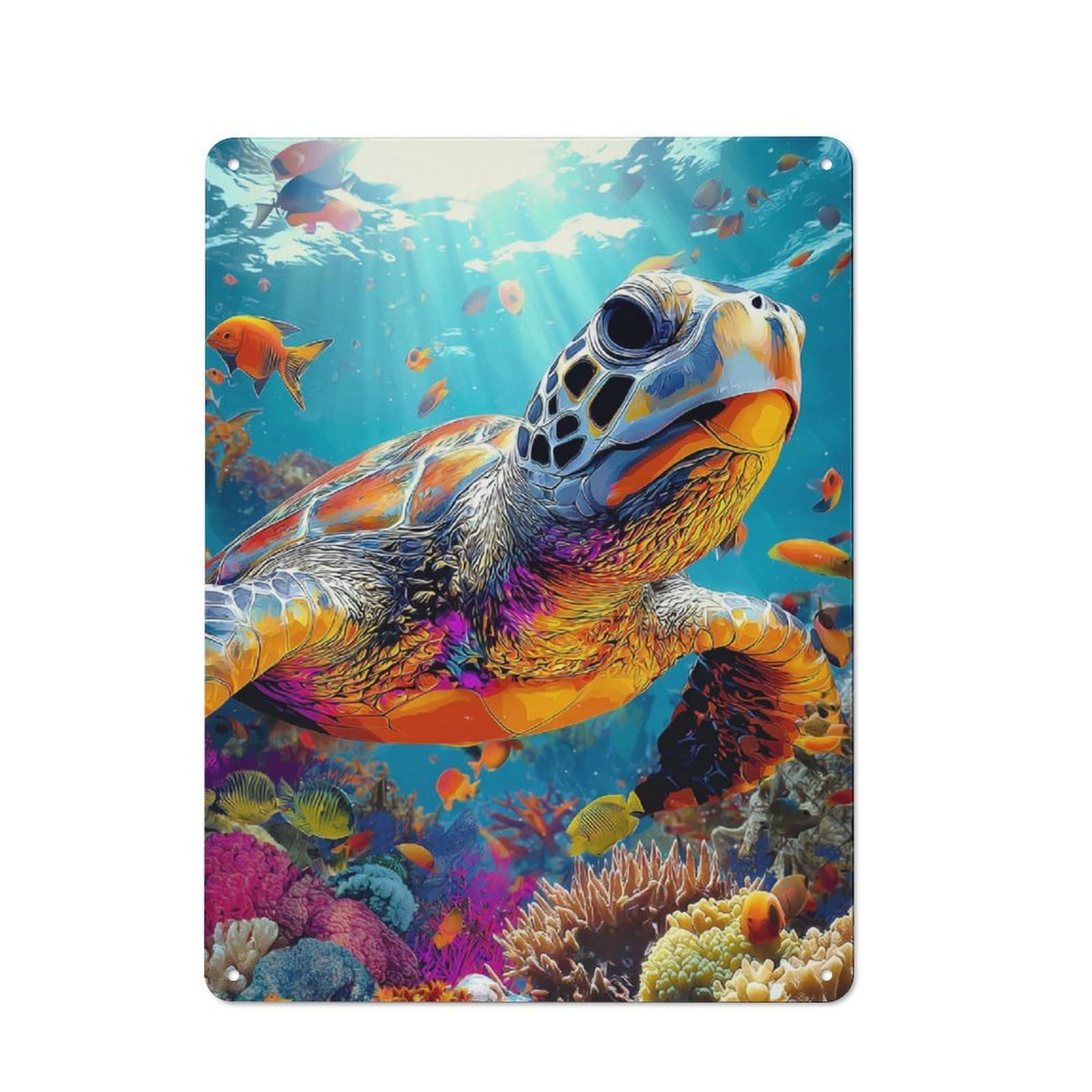 Rustic Colorful Sea Turtle Underwater Tin Wall Plaque 40x30cm, Rustic Kitchen Decor for Cottage, Kitchen, Hallway Or Breakfast Nook