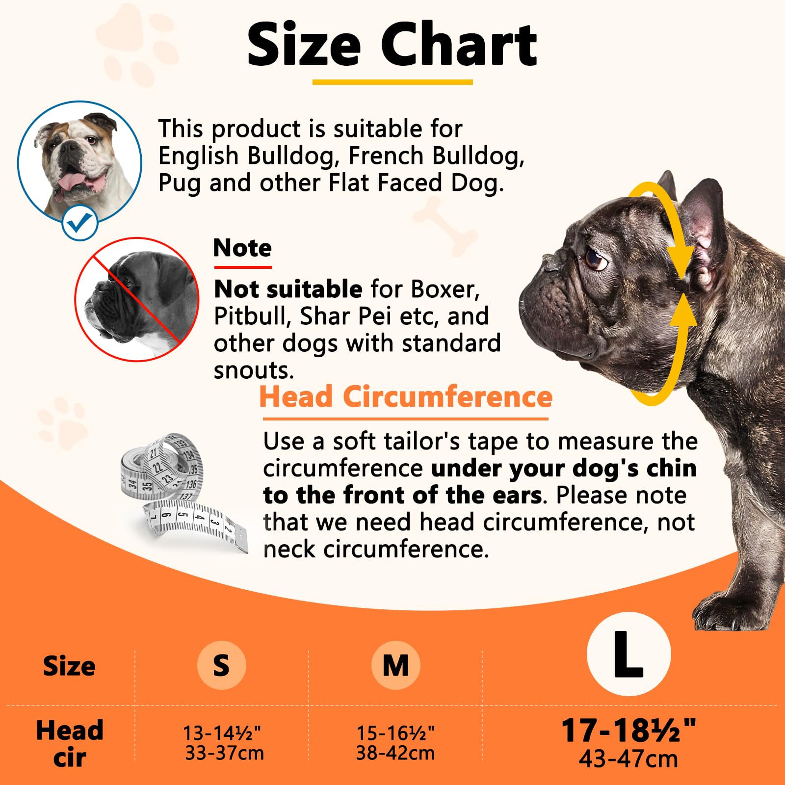 BARKLESS Maulkorb für Hunde, mit kurzer Schnauze, weiches Silikon, flach, für Französische Bulldogge, Shih Tzu und Mops, zum Beißen, Kauen, ermöglicht Hecheln (L(42.9–48 cm), Orange)