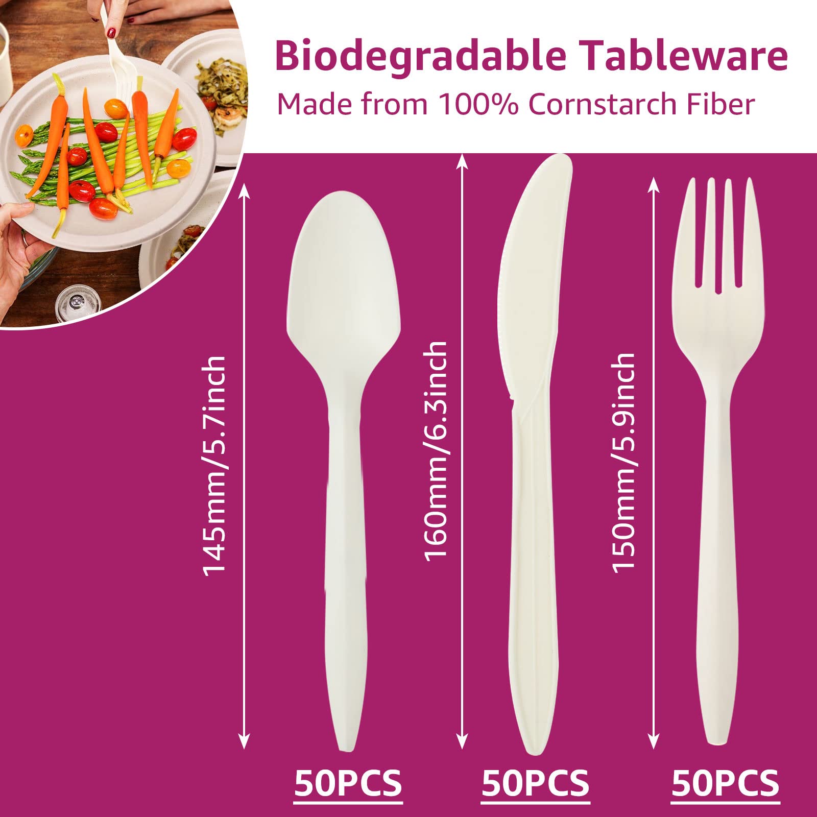 SENENQU Juego de vajilla desechable biodegradable, 250 piezas, kit de vajilla de bagazo compostable que incluye platos de papel de 7 y 9 pulgadas, tenedores, camping, picnic