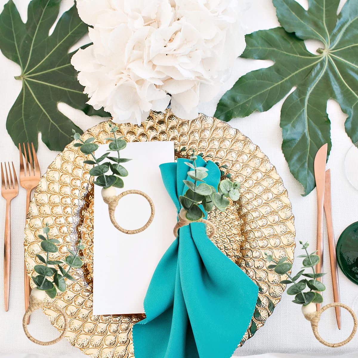 KASESSS Serviettenringe Mit Eukalyptus-Blättern - 6-tlg. Set Im Rustikalen Design