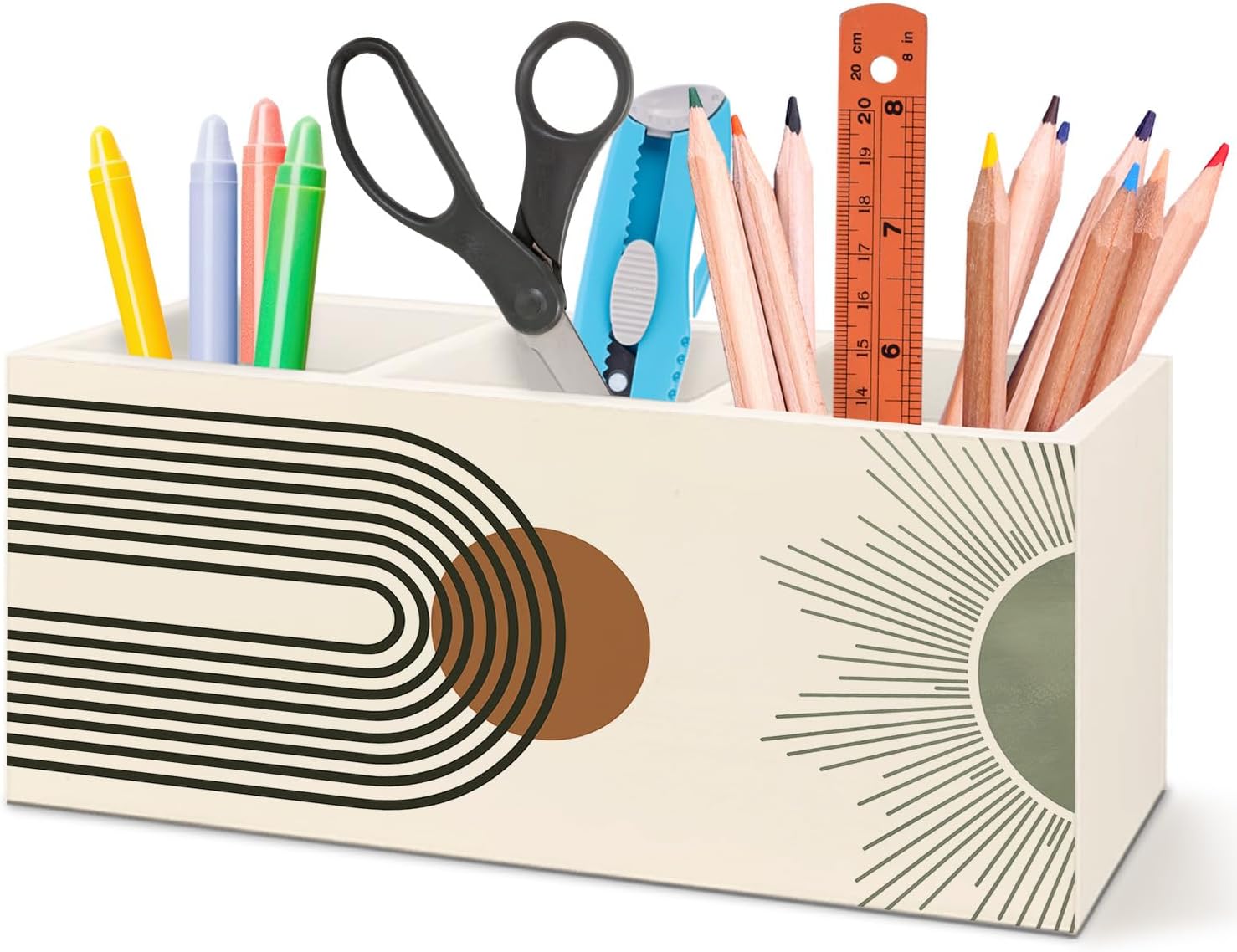 Abstract Boho Sun Pen Pencil Holder for Desk Accessories Decor, Mid Century Modern Minimalist Terracotta and Sage Green Sun Makeup Brush Toothbrush Holder Organizer