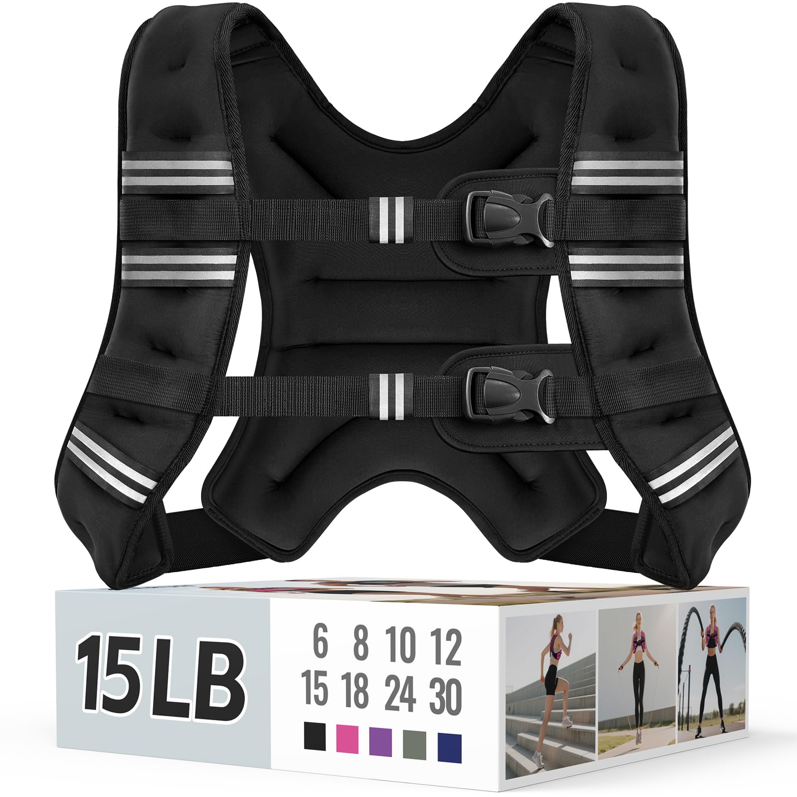 Photo 1 of Zeerun Weighted Vest, 6lb/8lb/10lb/12lb/15lb/18lb/20lb/24lb/30lb for Men Women, Reflective Stripe Adjustable Buckle, Comfortable Durable Rucking Vest for Walking Running Strength Training, 15LBS-Black