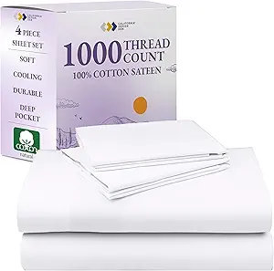 California Design Den California King Sheet Sets - Luxury 1000 Thread Count Sateen, Thick and Natural 100% Cotton Sheet Set, Deep Pockets, Soft, Breathable and Durable Bedding - White