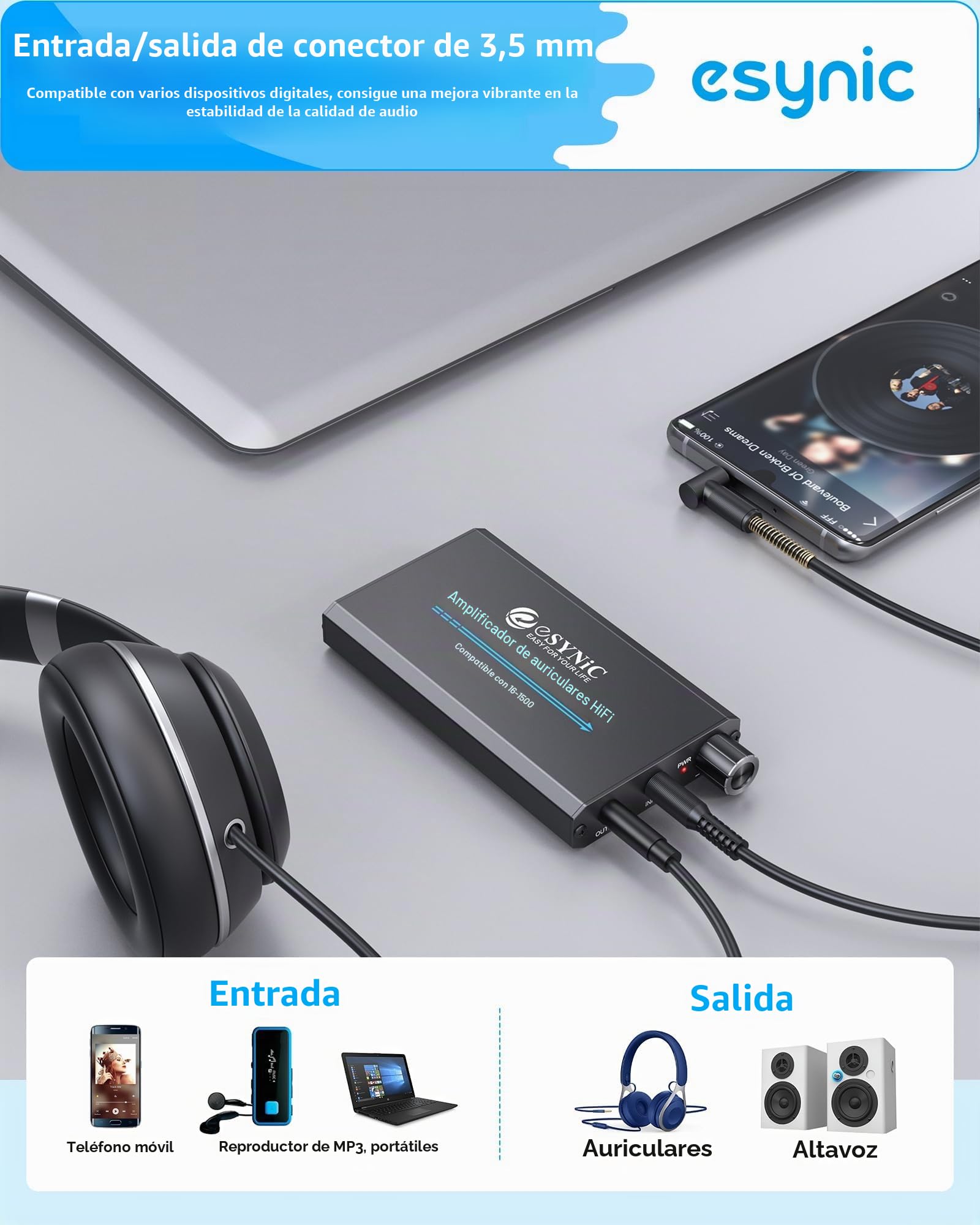 eSynic Amplificador de Auriculares Portátil HiFi 3.5mm Audio Jack con Interruptor de Ganancia de Dos Etapas Cable USB y Cascara de Aluminio para Teléfonos MP3 MP4 Reproductores Digitales y Ordenadores