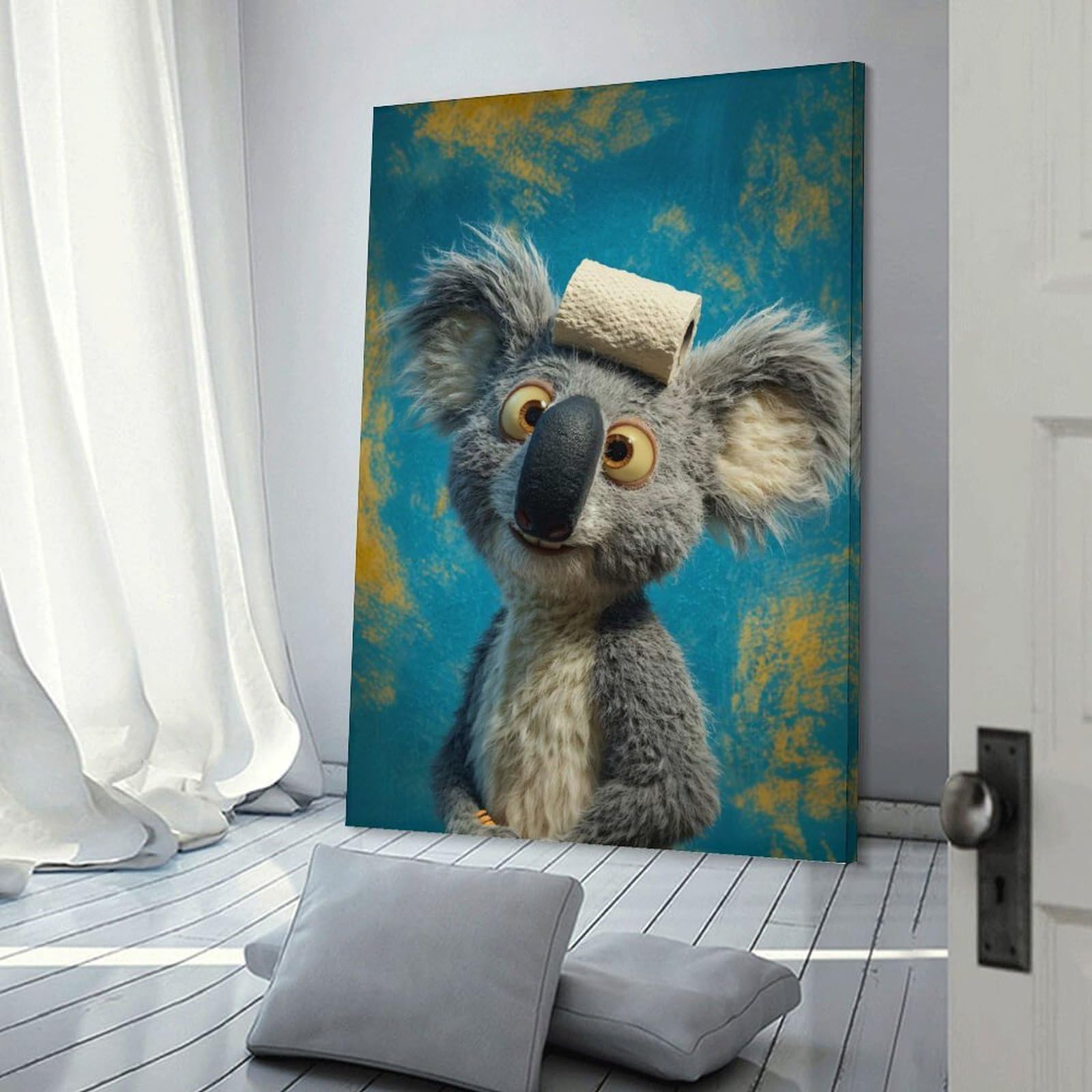 Junmoney Koala with Toilet Paper on Head Decorative Wall Artwork 24x36inch(60x90cm), for Front Hall, Corridor Or Welcome Spaces, Decorative Wall Art for Narrow Spaces