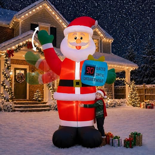 10FT Christmas Waving Santa with Christmas Countdown Inflatable,Outdoor Blow Up Yard Decoration with Built-in LED Lights for Xmas Lawn Garden Porch Party Holiday Home Display Decor