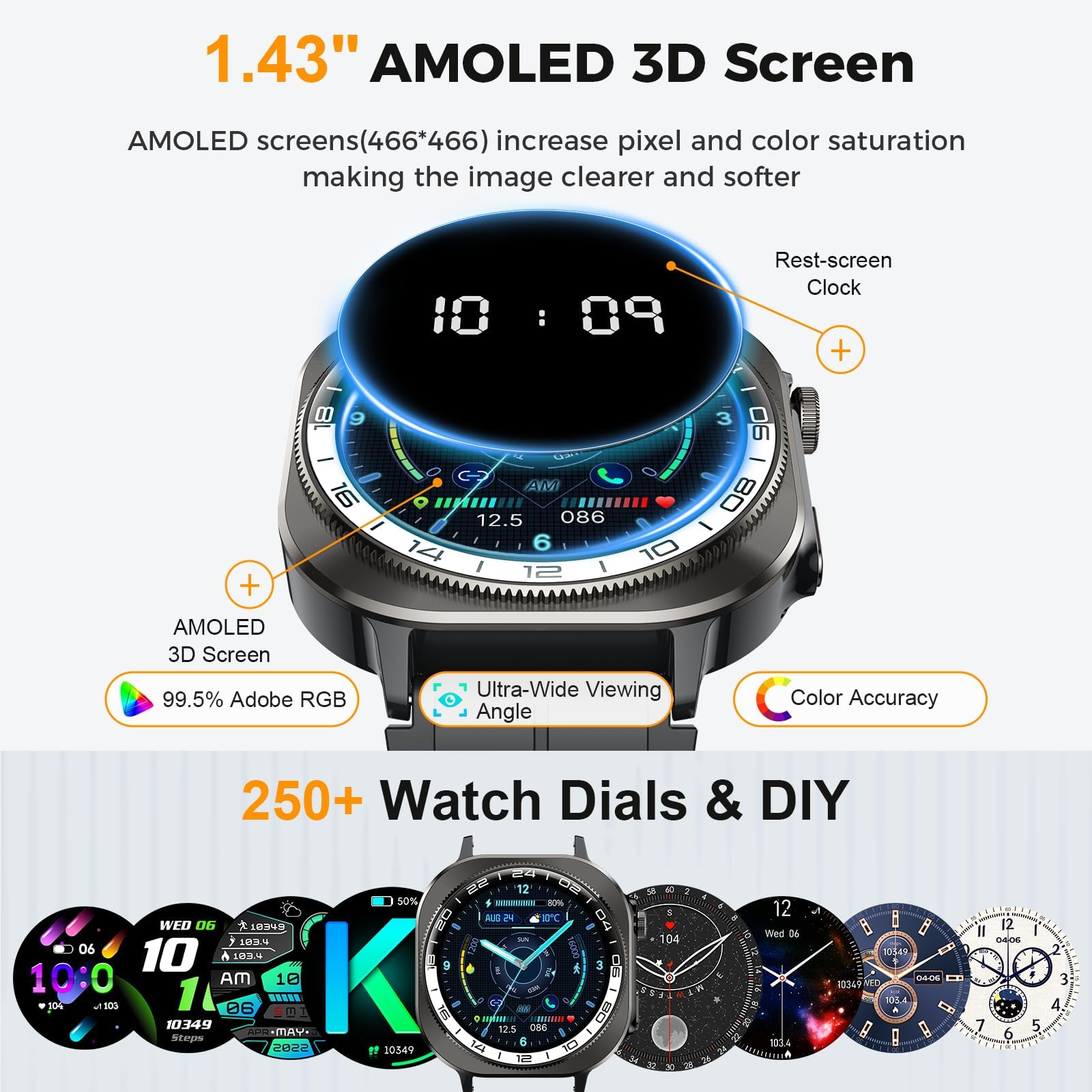 Smartwatch Uomo Donna Militare,1.43" AMOLED Orologio Fitness Chiamate Bluetooth,130+ Sportive Fitness Tracker LED Torcia/Contapassi/Sonno/Cardiofrequenzimetro,IP68 Impermeabile Smart Watch Android iOS