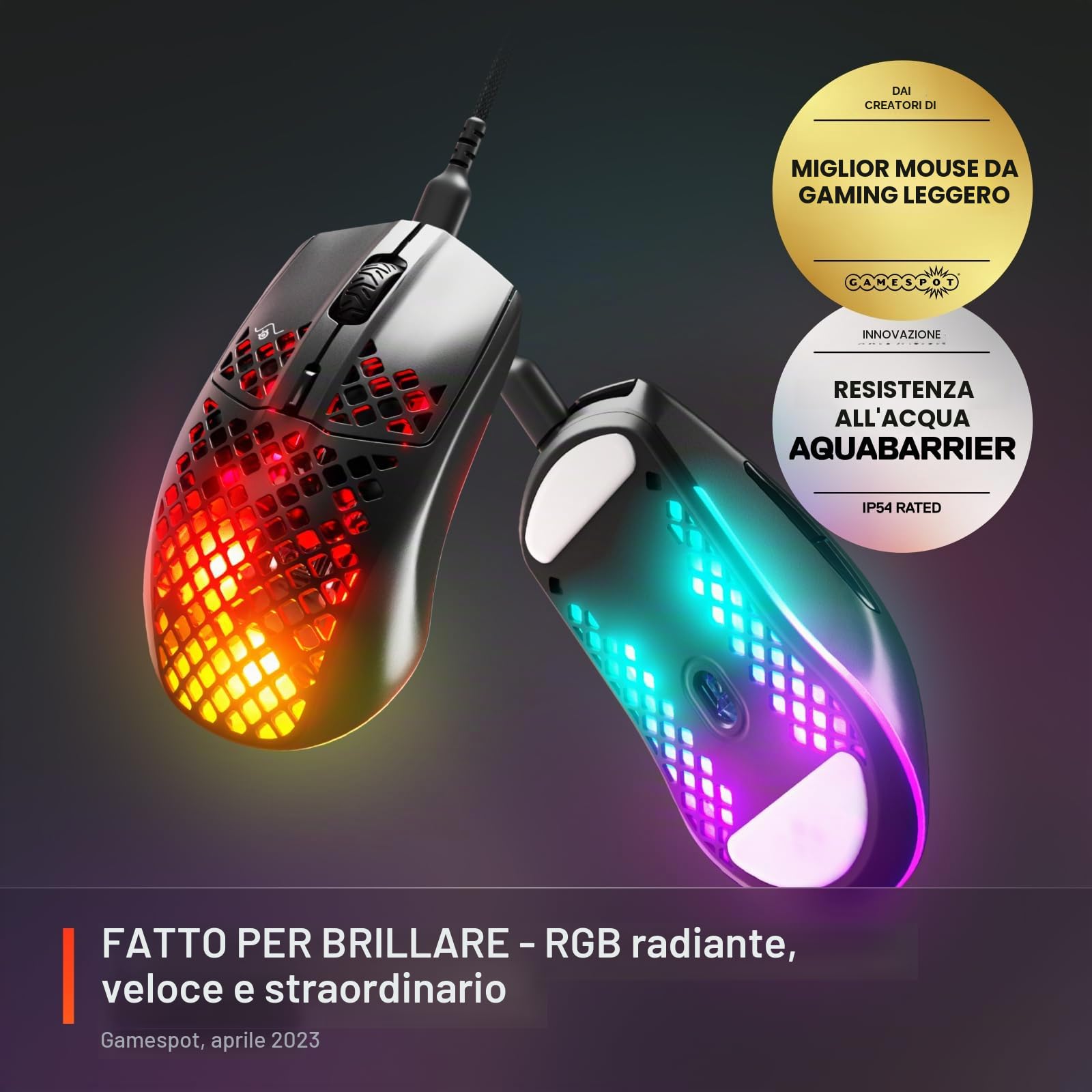 SteelSeries Aerox 3 - Mouse da gioco Holey RGB, design ultraleggero resistente all'acqua - Sensore ottico TrueMove Core da 8.500 DPI - Onyx