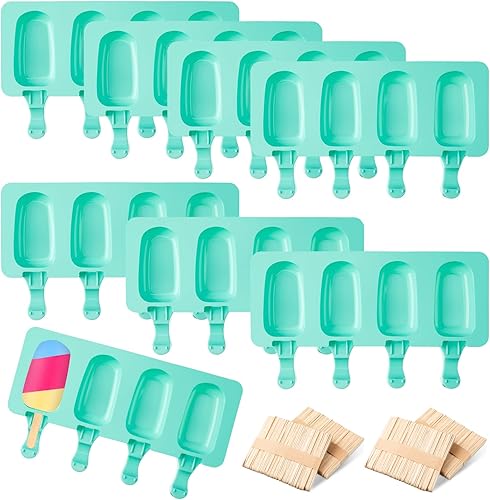 Juego de 8 moldes de silicona para helado de 4 cavidades, moldes reutilizables ovalados para tartas, moldes para hornear con 200 palitos de madera