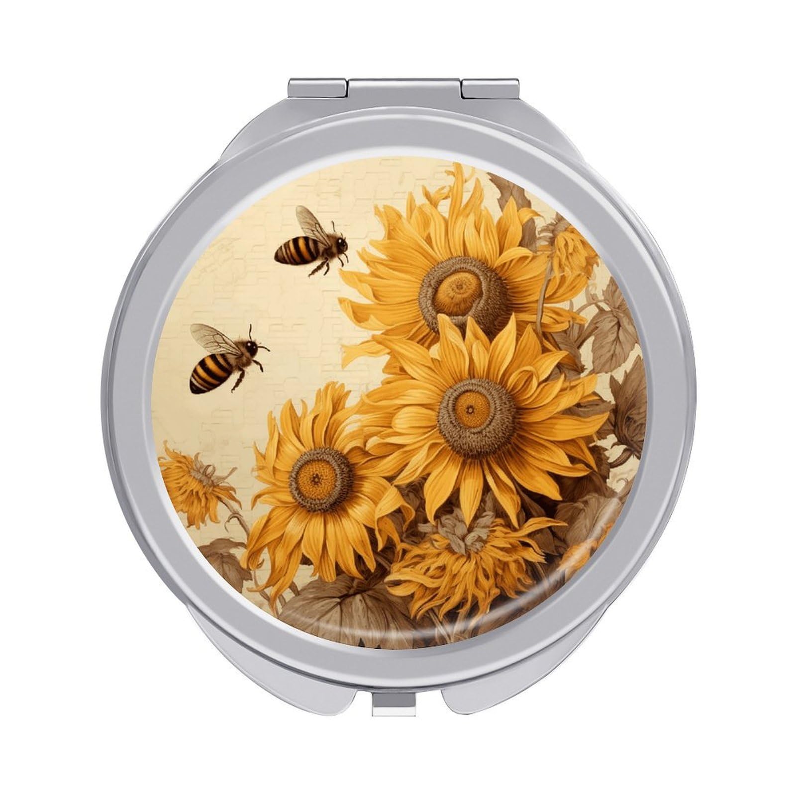 VstaDank Bees and Sunflowers on Old Paper Travel Makeup Mirror 2 X /1 X Magnifying Mini Vintage Pocket Mirror for Purse Small Portable Folding Small Round Mirrors Portable Vanity Mirrors for Women