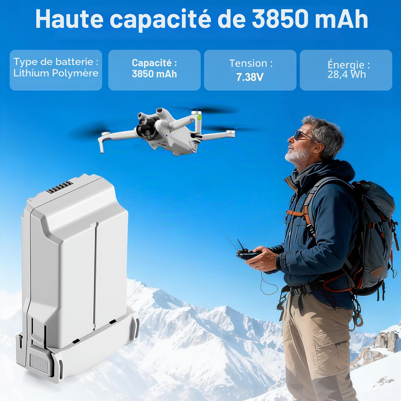 Mini 4 Pro/3 Series Lot de 2 batteries de vol intelligentes rechargeables 3850 mAh 7,38 V pour 47 à 51 minutes de vol maximum, compatible avec DJI Mini 4 Pro/3/3 Pro
