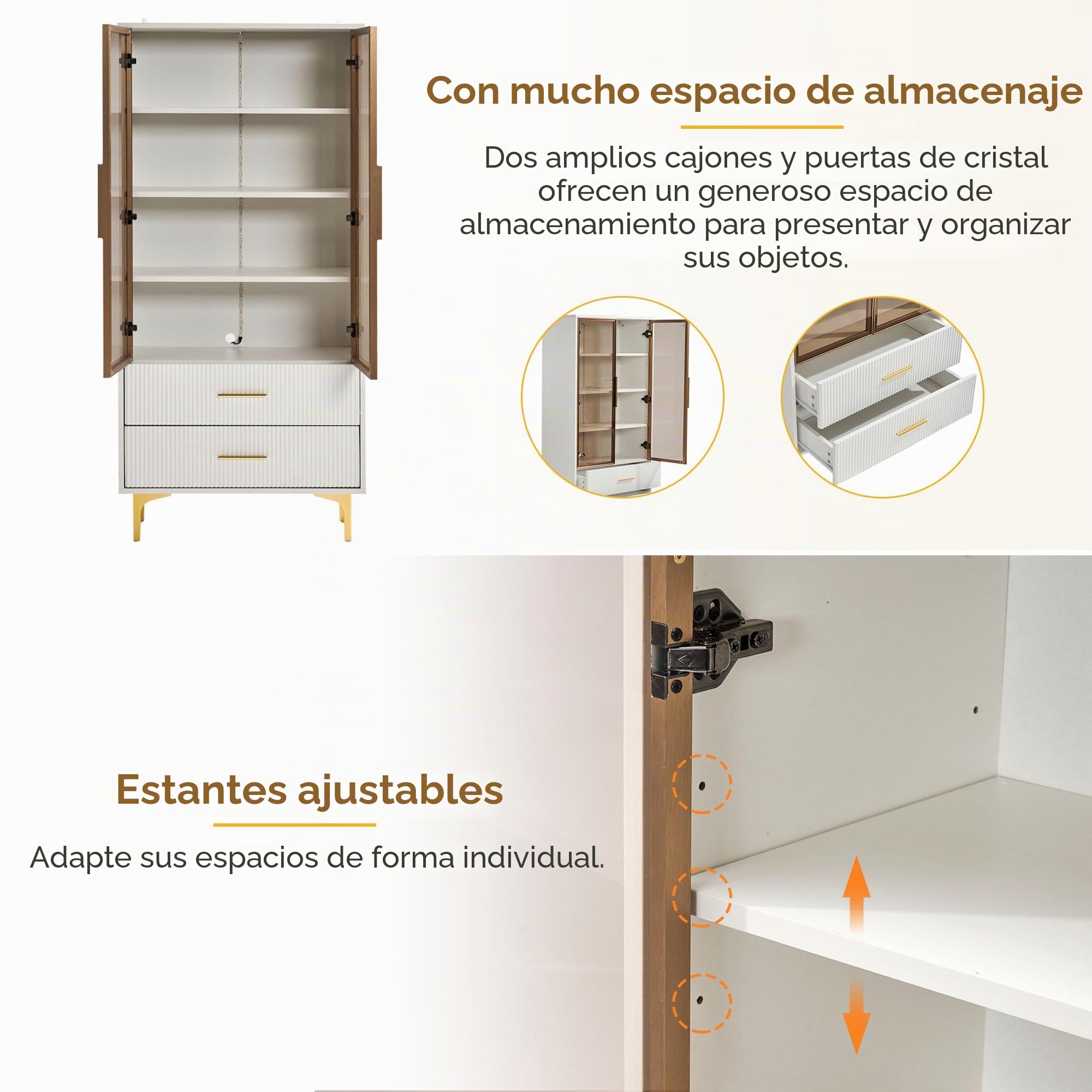 Elegante vitrina de cristal con dos puertas, 70 x 35 x 150 cm, puertas de cristal, patas doradas, estantes móviles, luz LED, armario alto