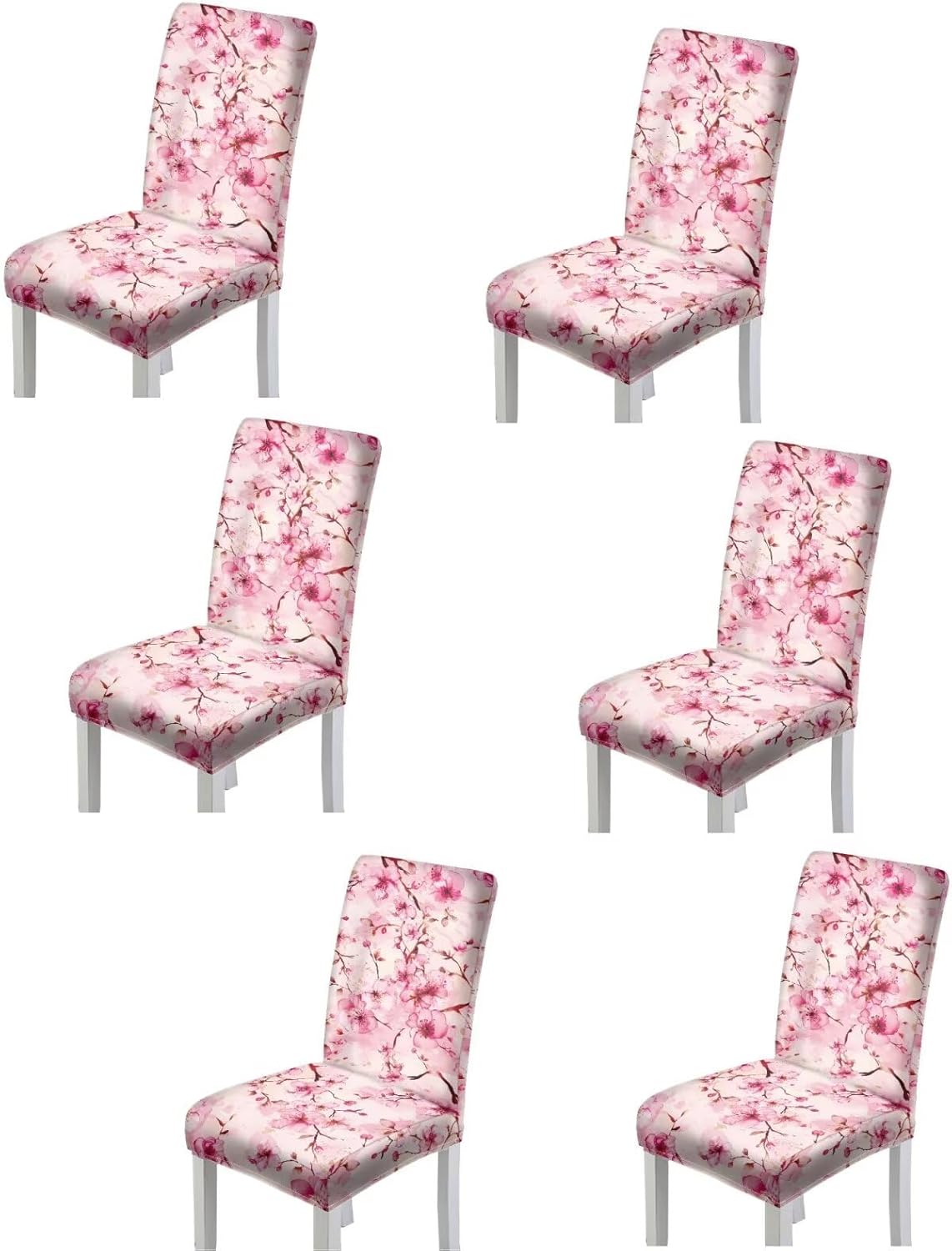 Pink Cherry Blossom Floral Dining Room Chair Covers Set of 6 Washable Spandex Kitchen Parsons Chair Slipcovers Removable Stretch Kitchen Armless Chairs Slipcover Protective for Restaurant