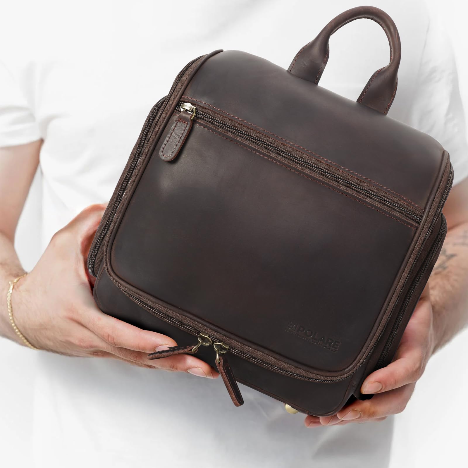 Polare - Neceser de Piel de Grano Completo, Organizador de Viaje para Colgar, Kit de Afeitado, Bolsa de Lavado, Kit de Maquillaje y cosméticos con Cremalleras YKK, Marrón Oscuro, Polare - Neceser de